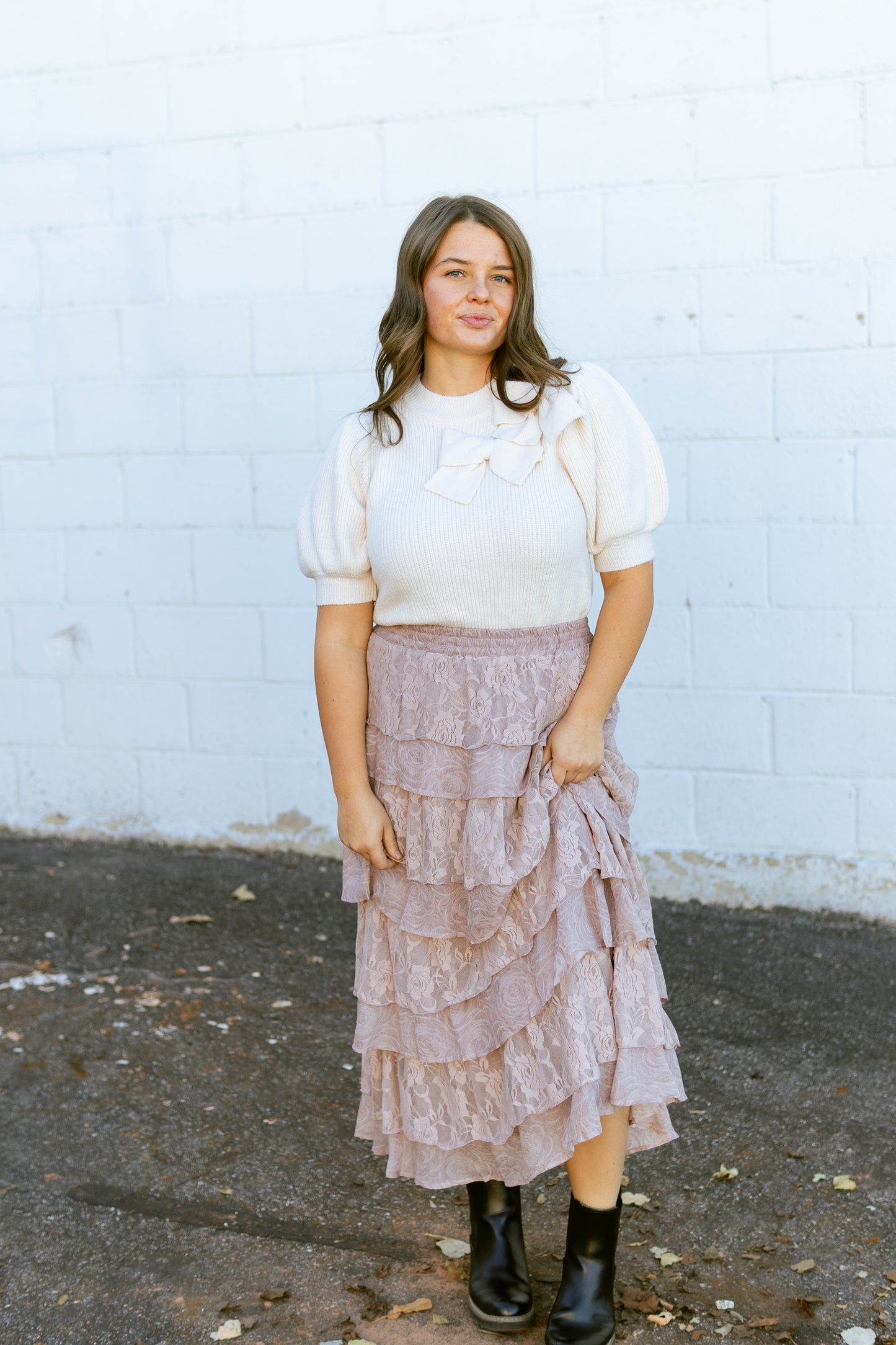 blush colored skirt with tiers of lace