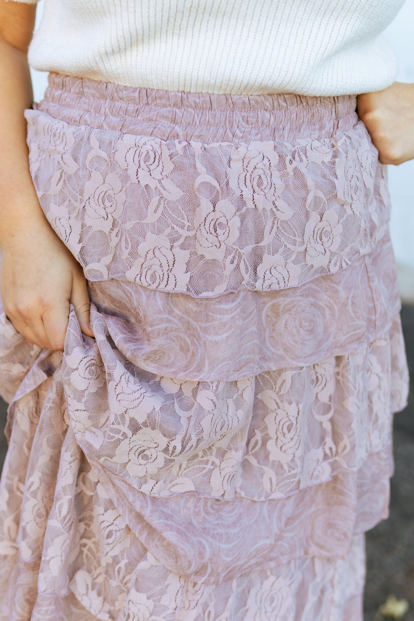 blush colored skirt with tiers of lace