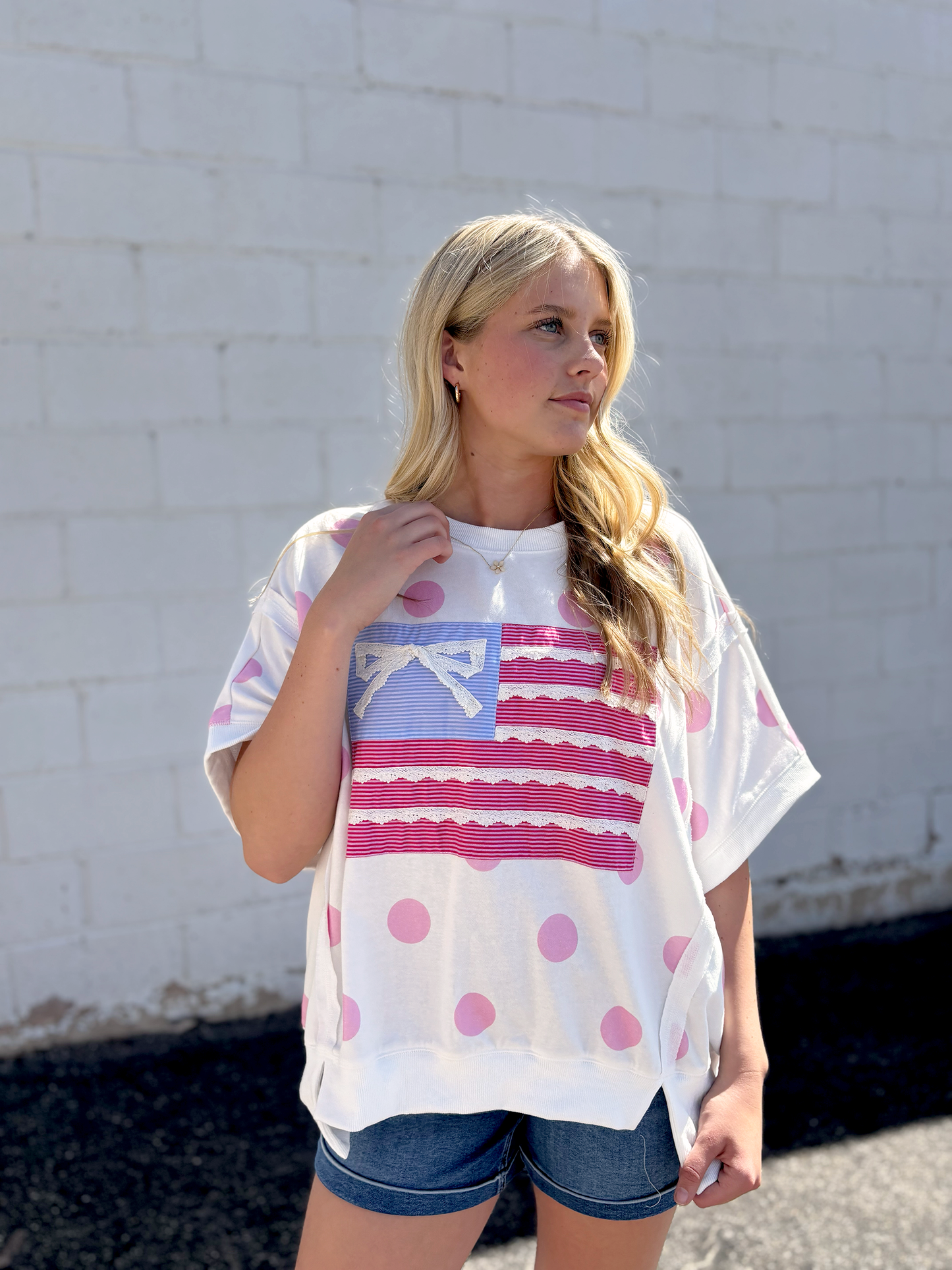 Cute oversized flag tee with appliqué lace