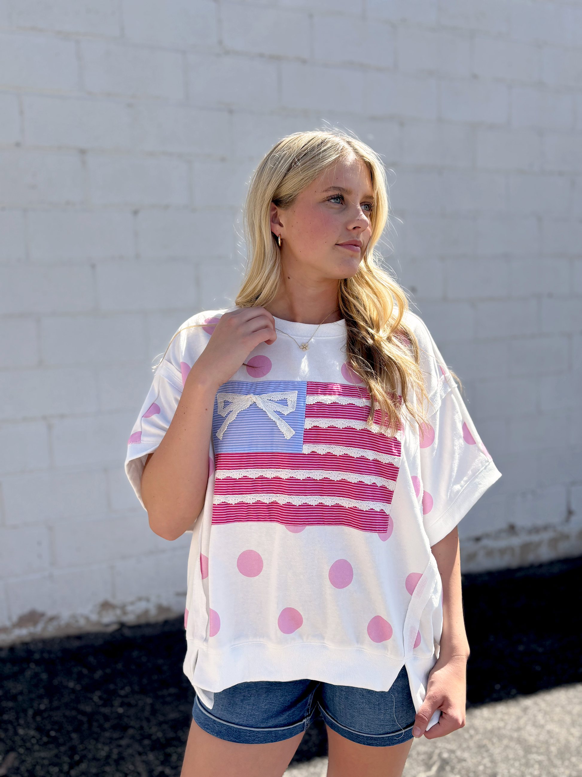 Cute oversized flag tee with appliqué lace