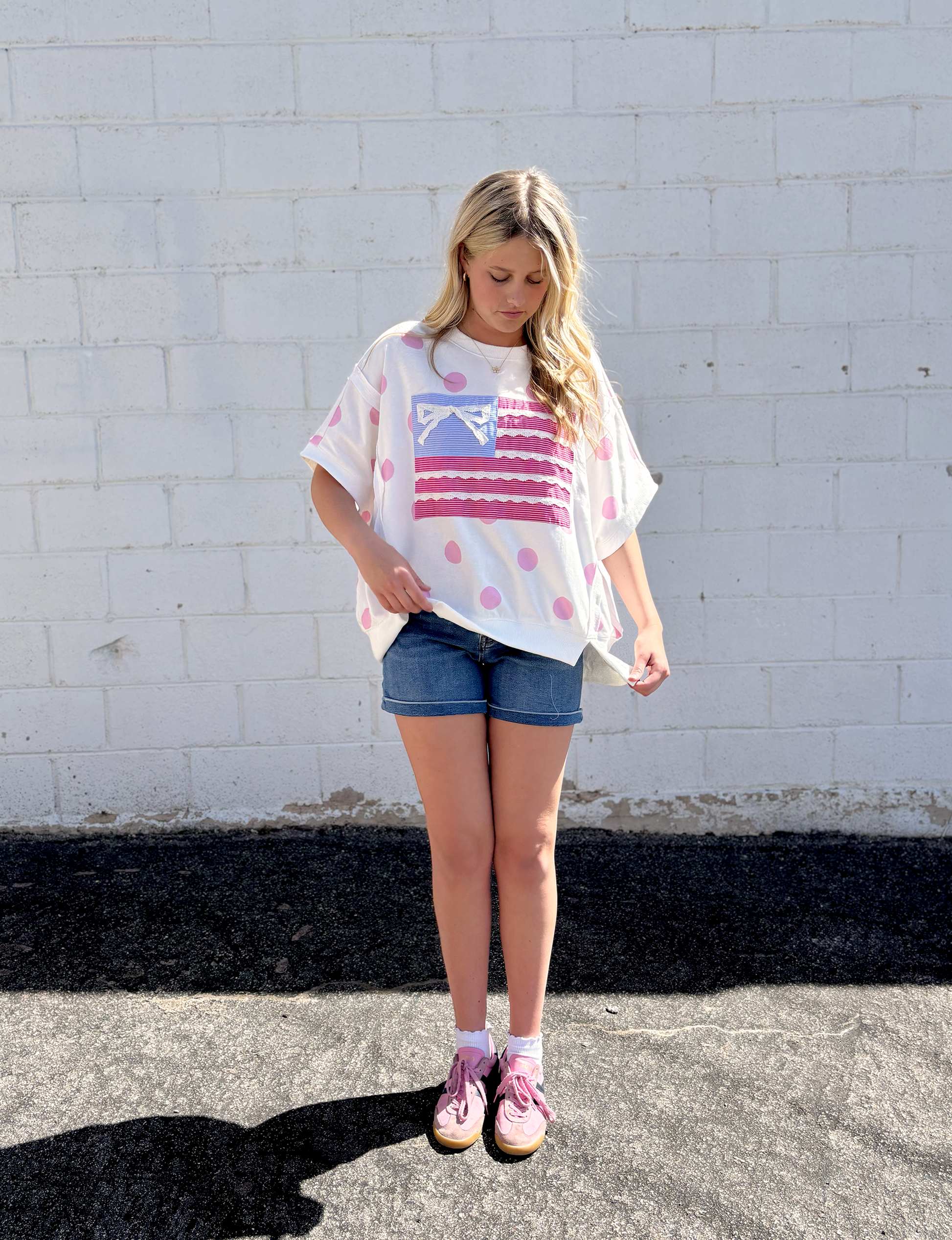 Cute oversized flag tee with appliqué lace