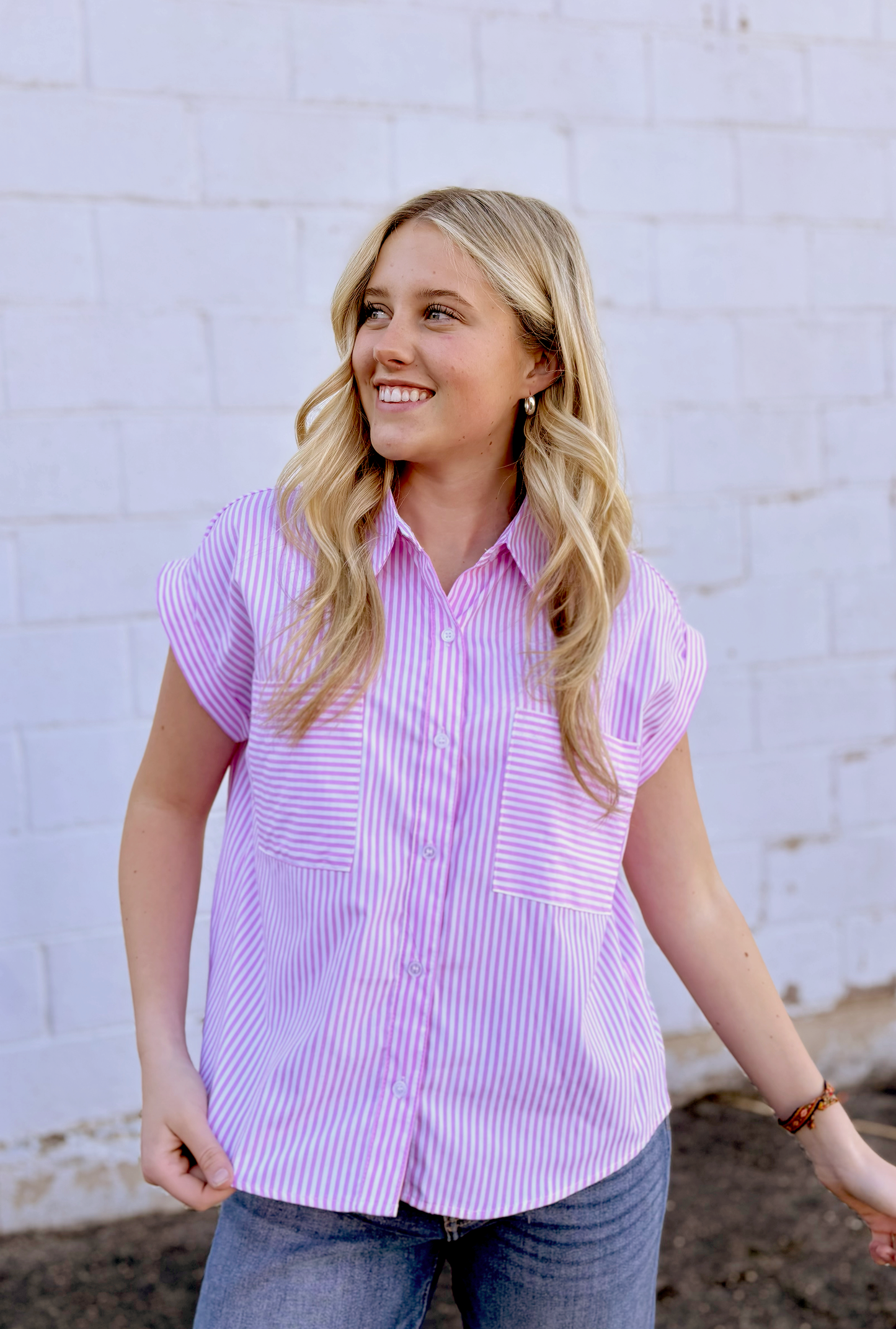Pink striped button up top