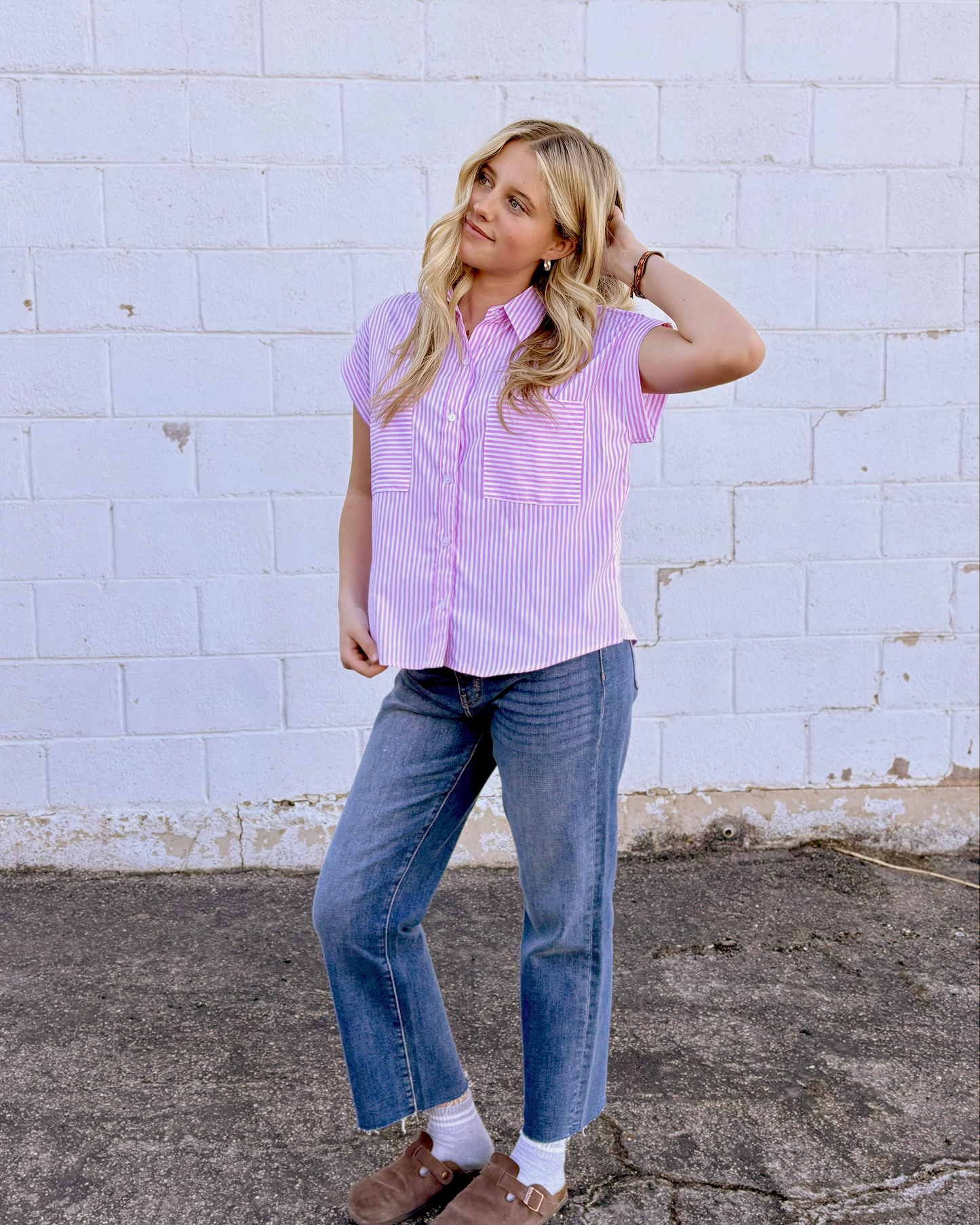 Pink striped button up top