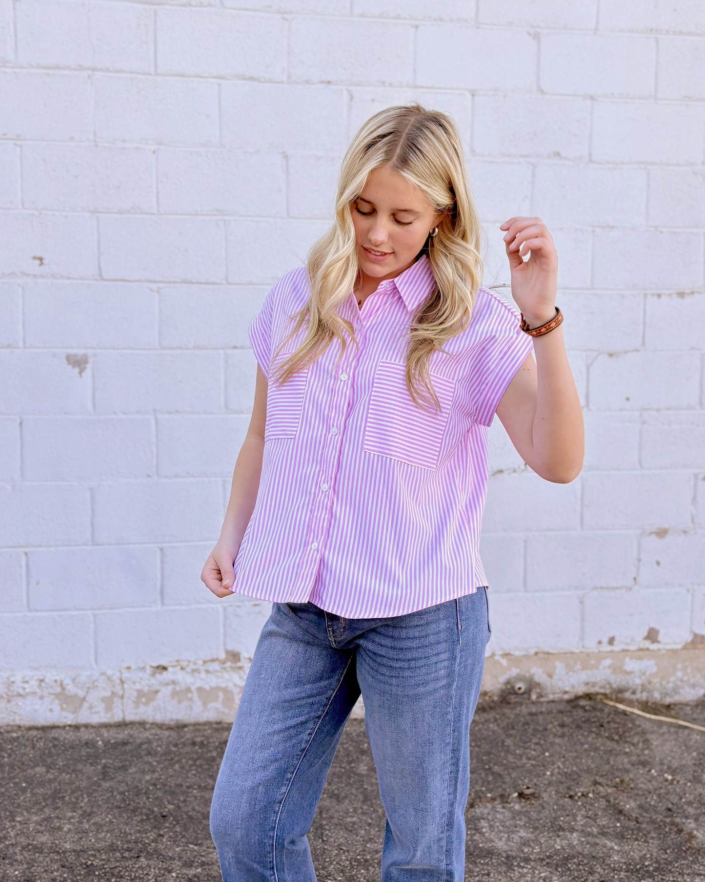 Pink striped button up top