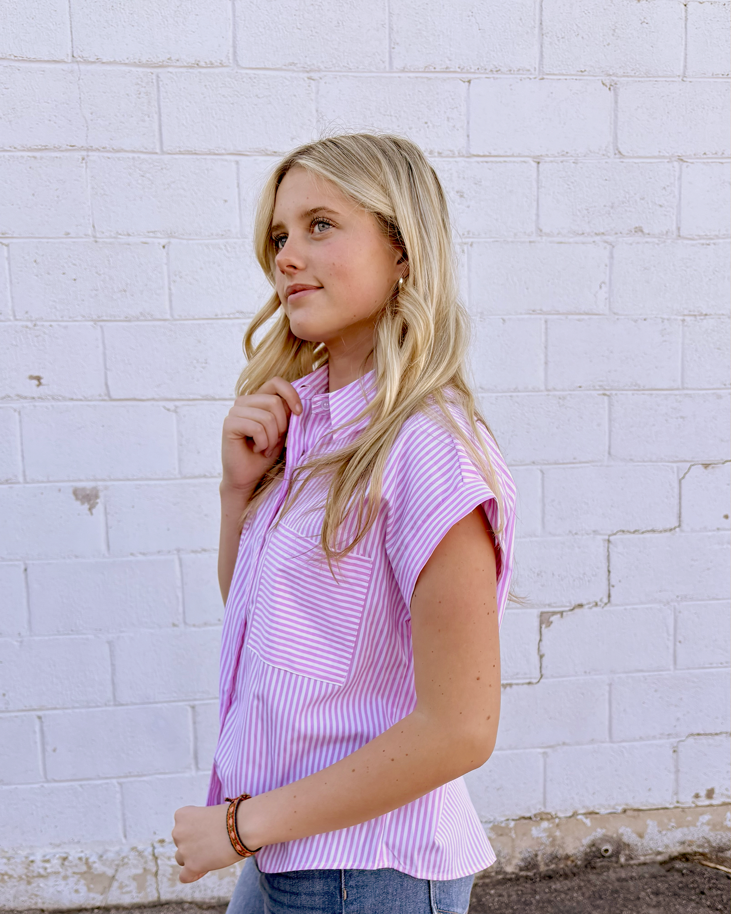 Pink striped button up top