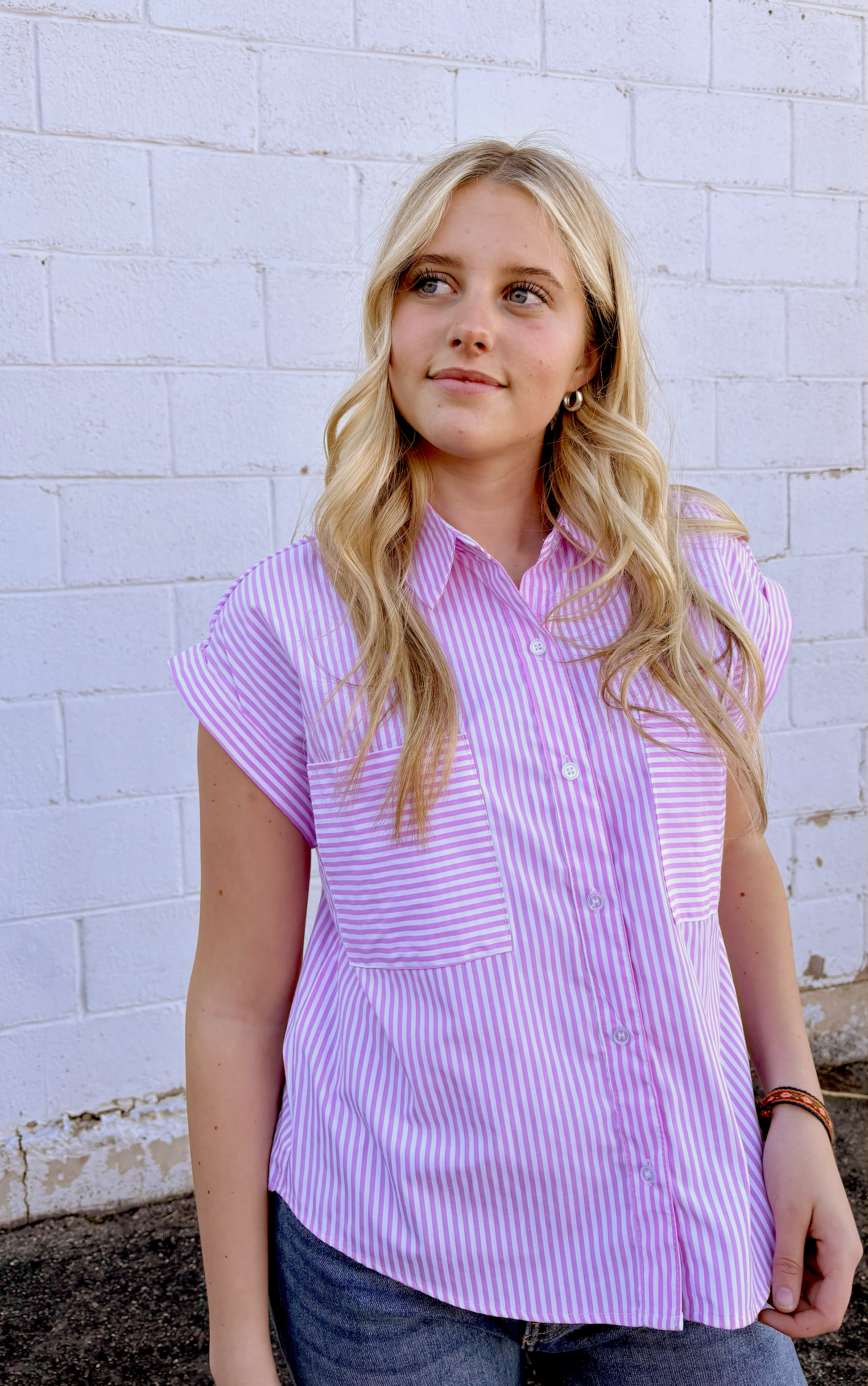 Pink striped button up top