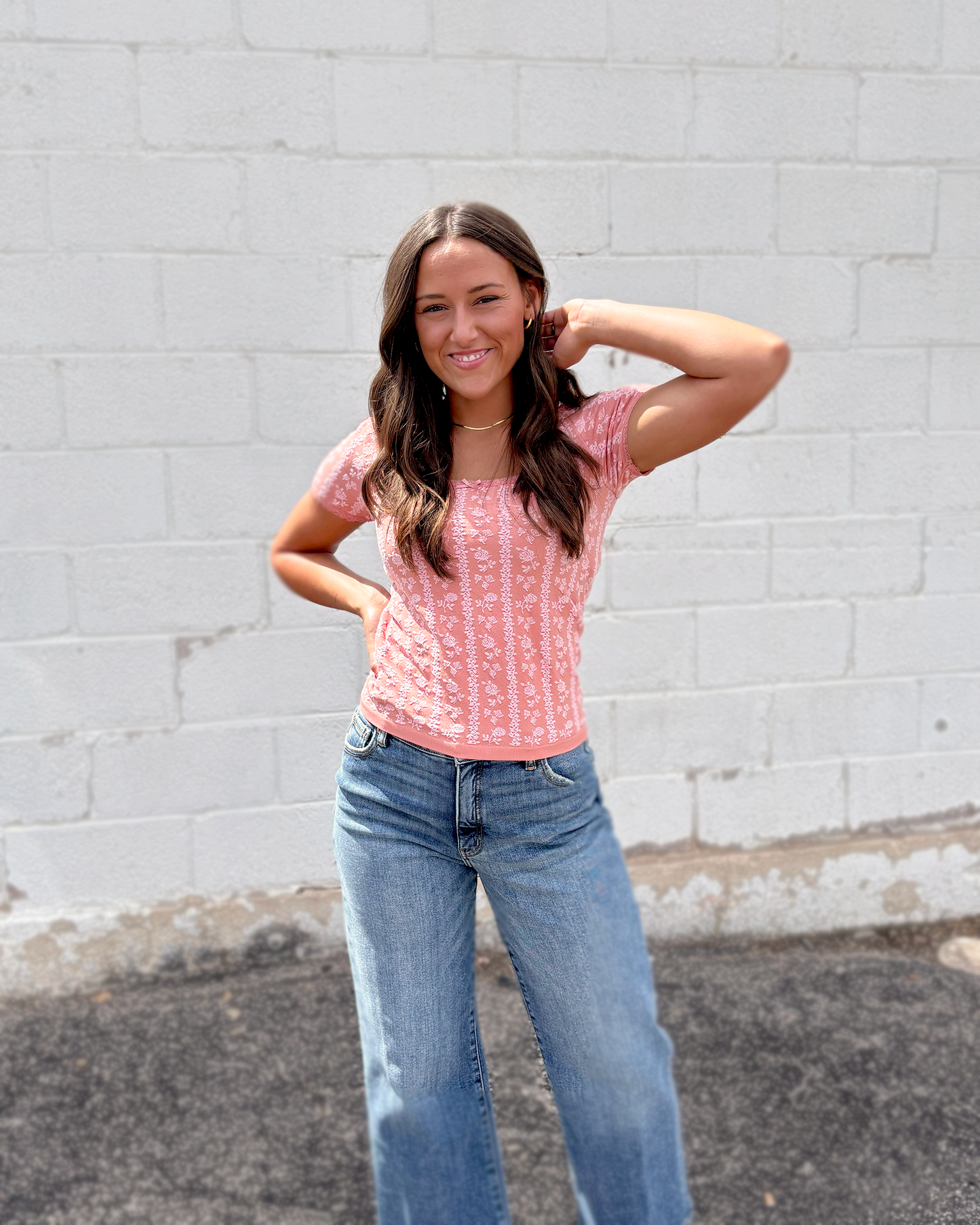 Dark pink square neck top with light pink floral pattern over top