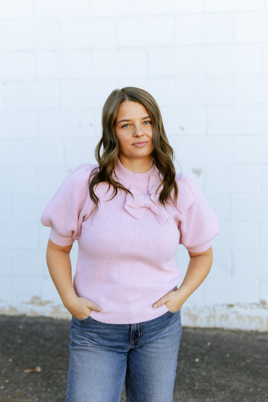 Pink Bow sweater with puff sleeves