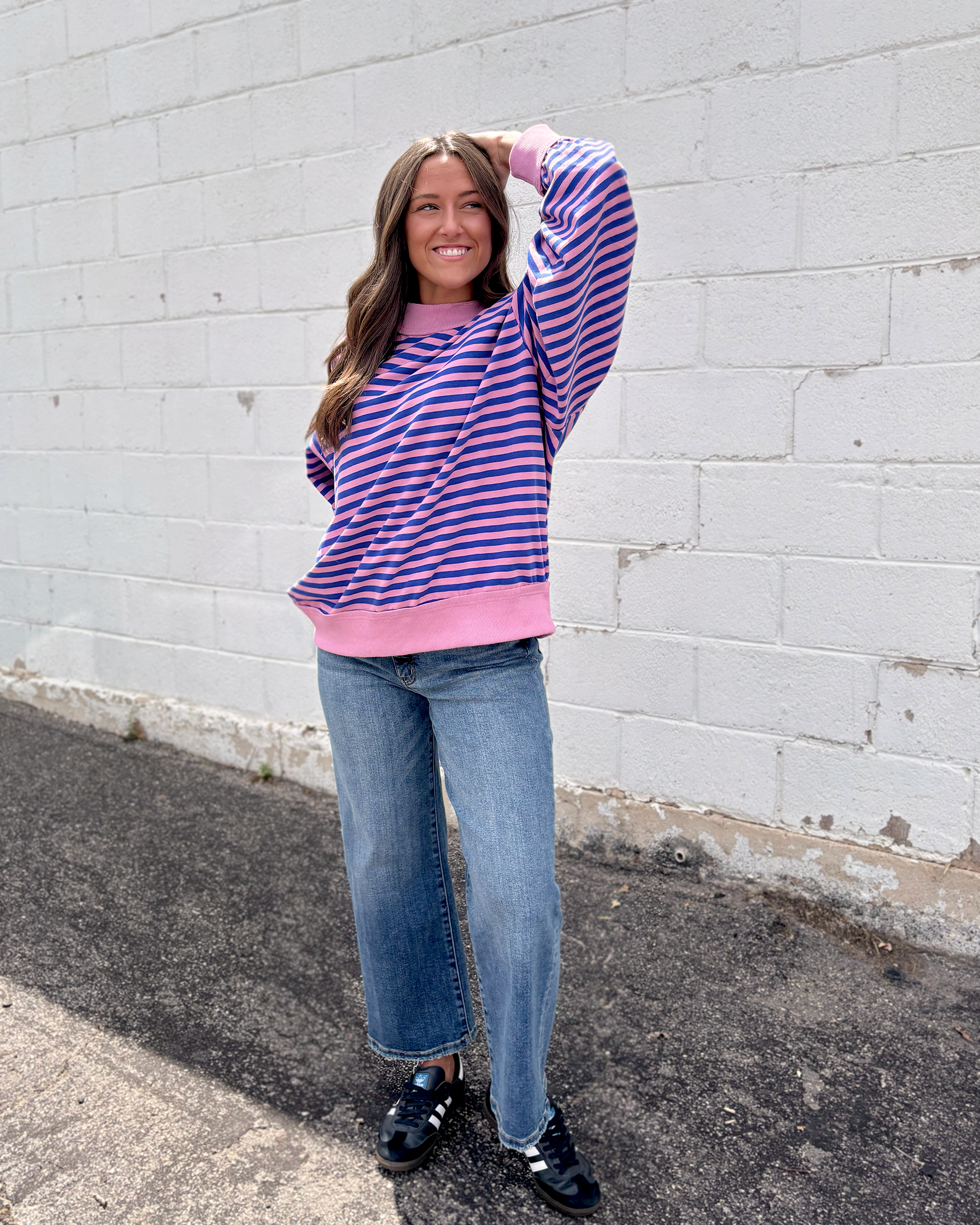 pink and blue striped oversized pullover sweater