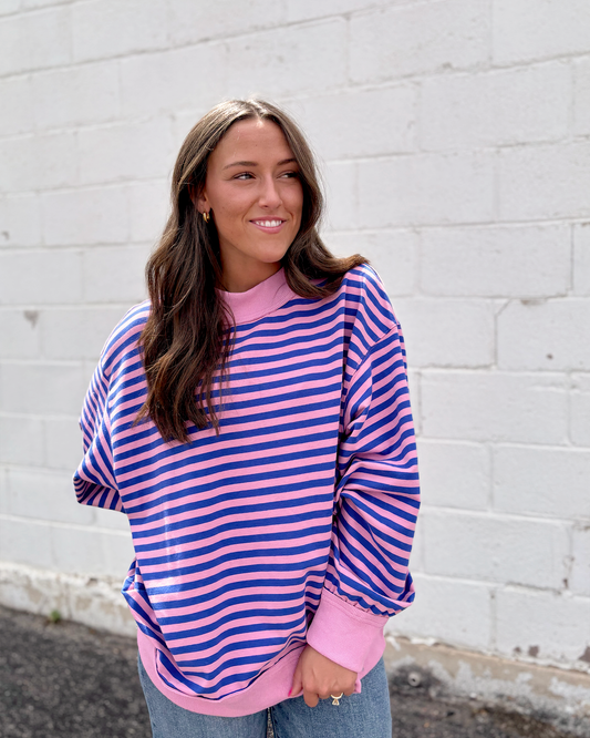 pink and blue striped oversized pullover sweater