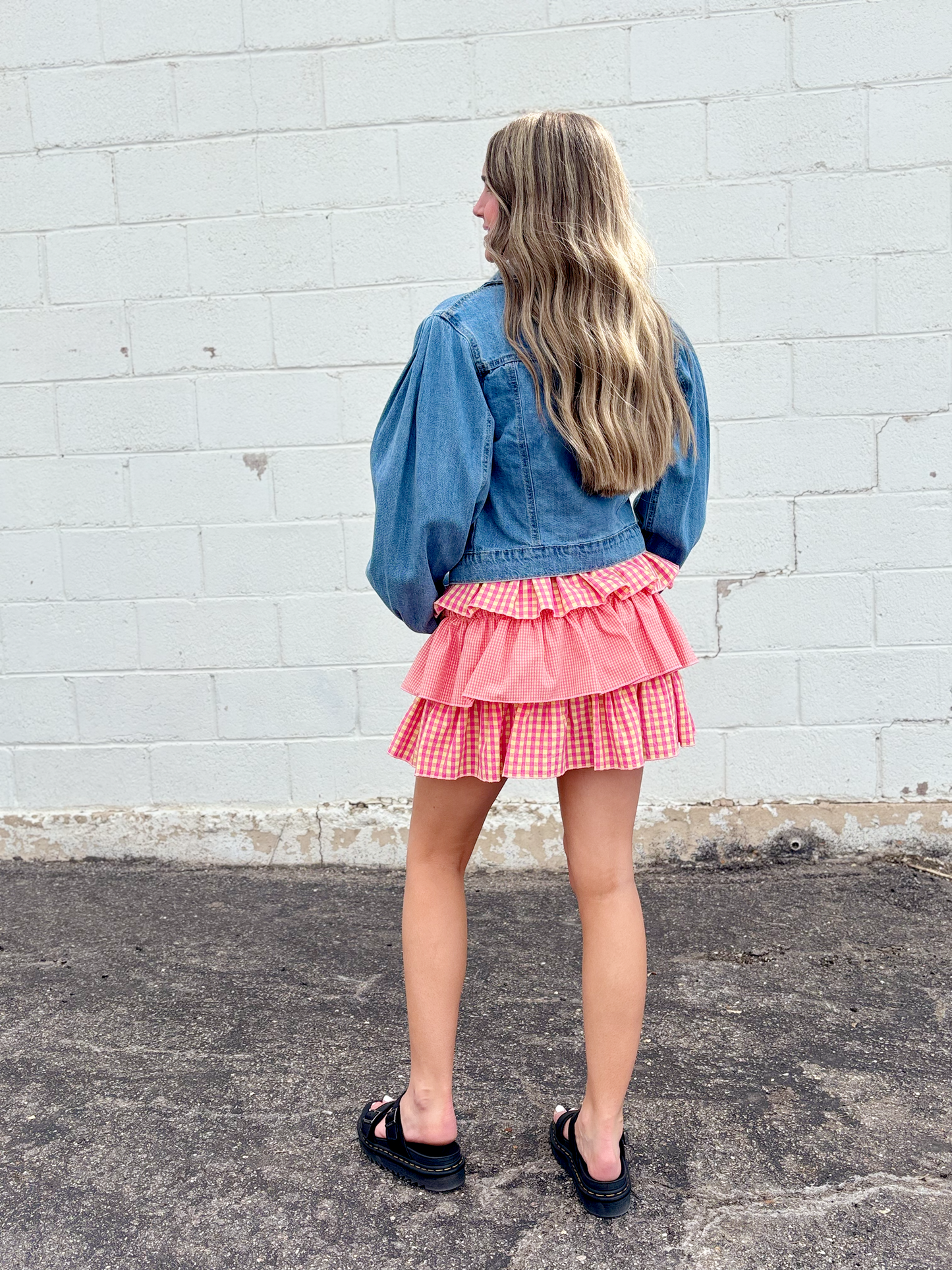 Pink and yellow gingham ruffle skirt