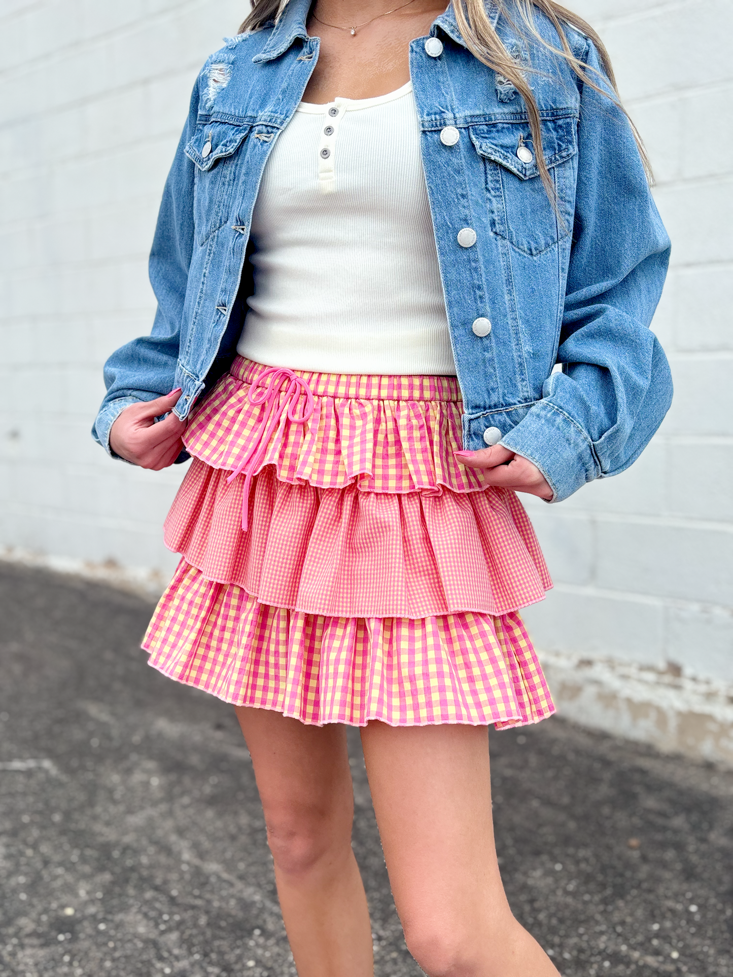 Pink and yellow gingham ruffle skirt