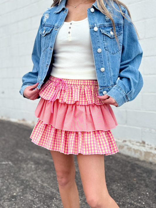 Pink and yellow gingham ruffle skirt
