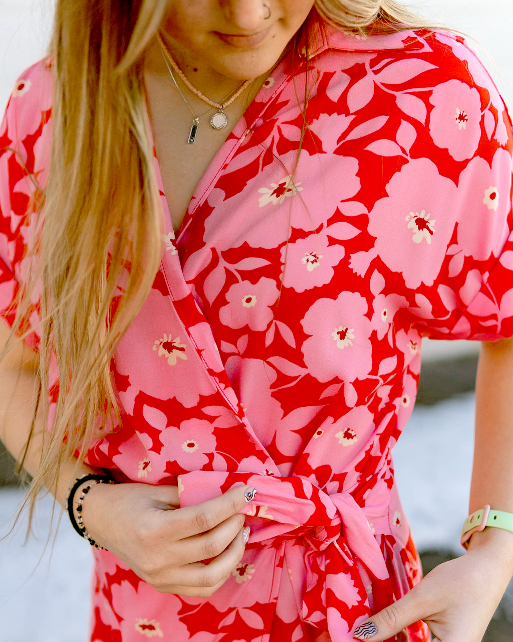 pink and red floral wrap dress