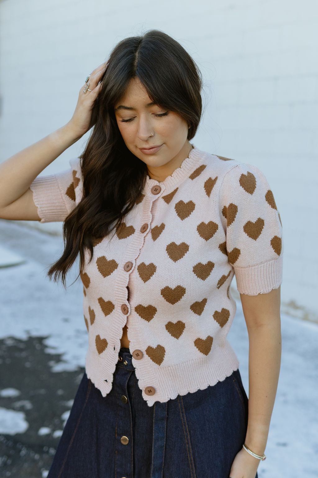 Pink button up heart sweater with short sleeves