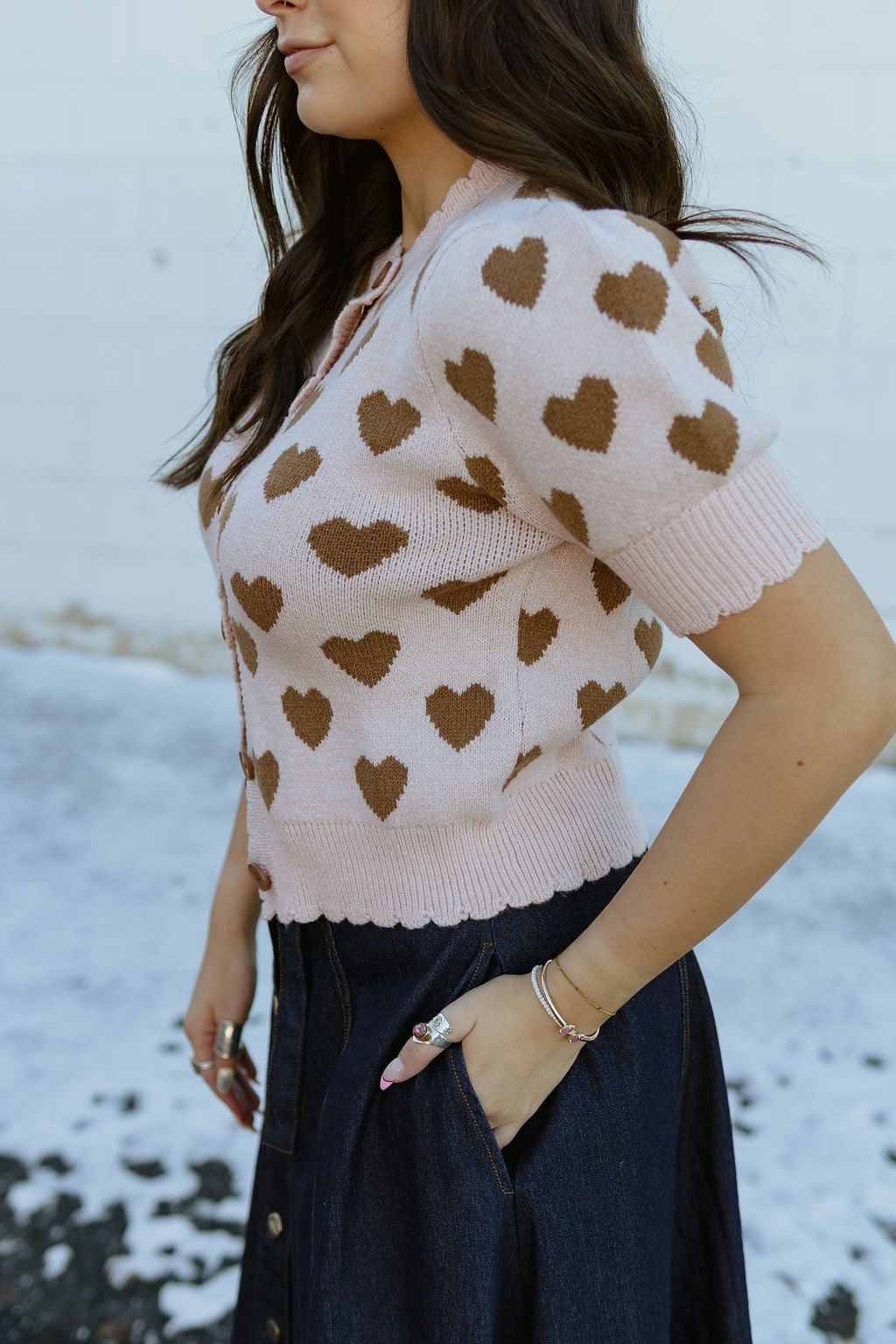 Pink button up heart sweater with short sleeves