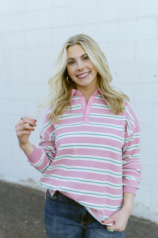 Pink and green stripe polo shirt