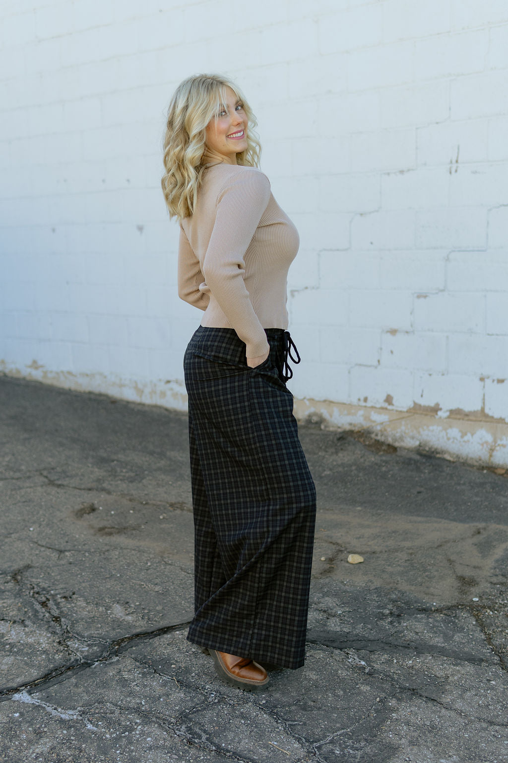 navy and forest green plaid wide leg pants