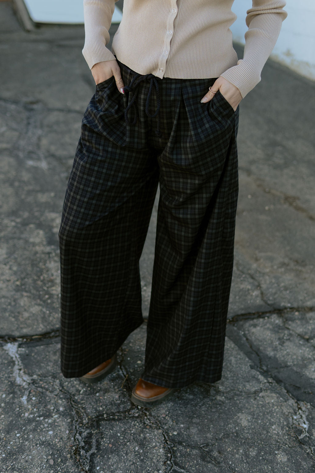 navy and forest green plaid wide leg pants