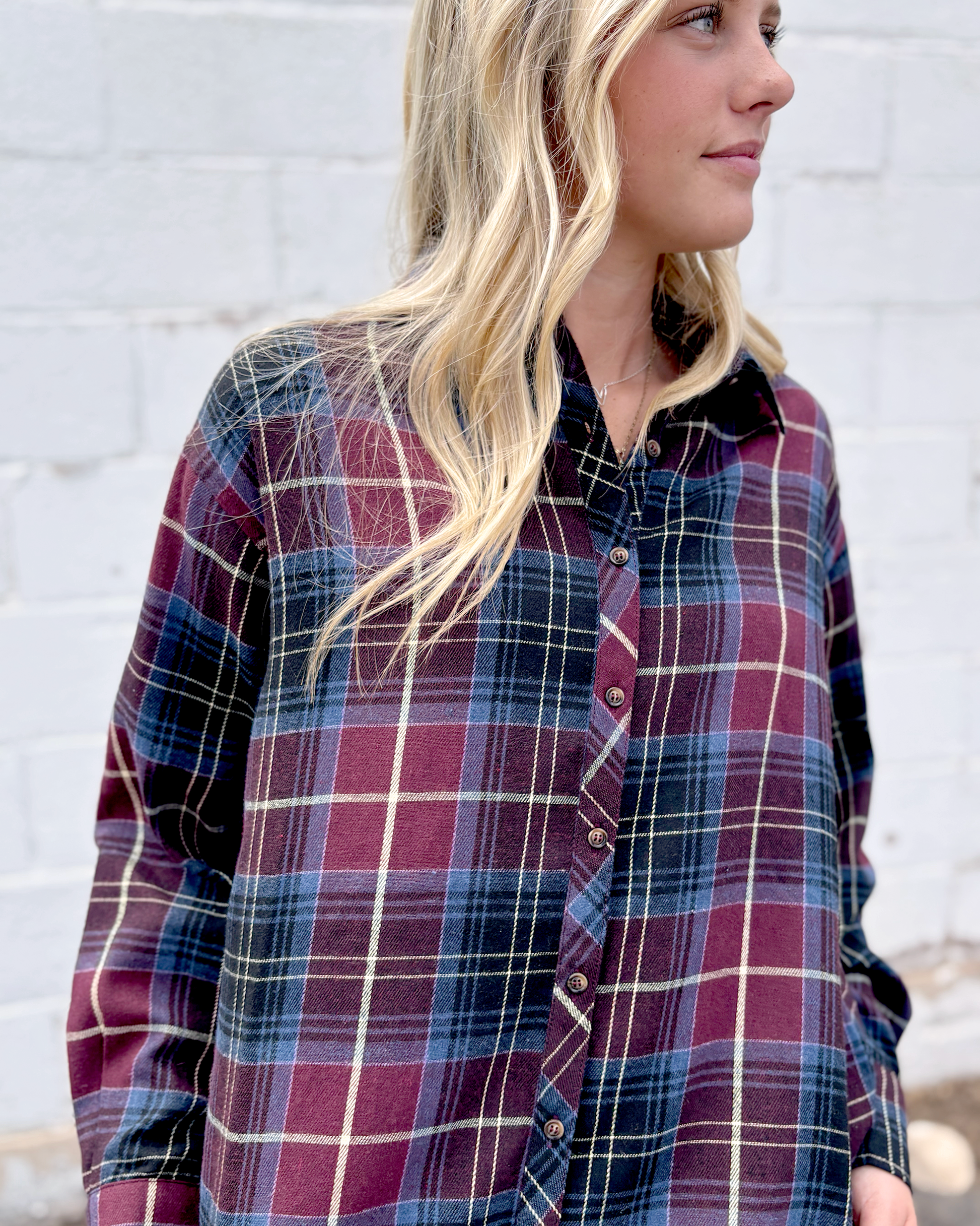 maroon, light blue, and oatmeal colored plaid button up top