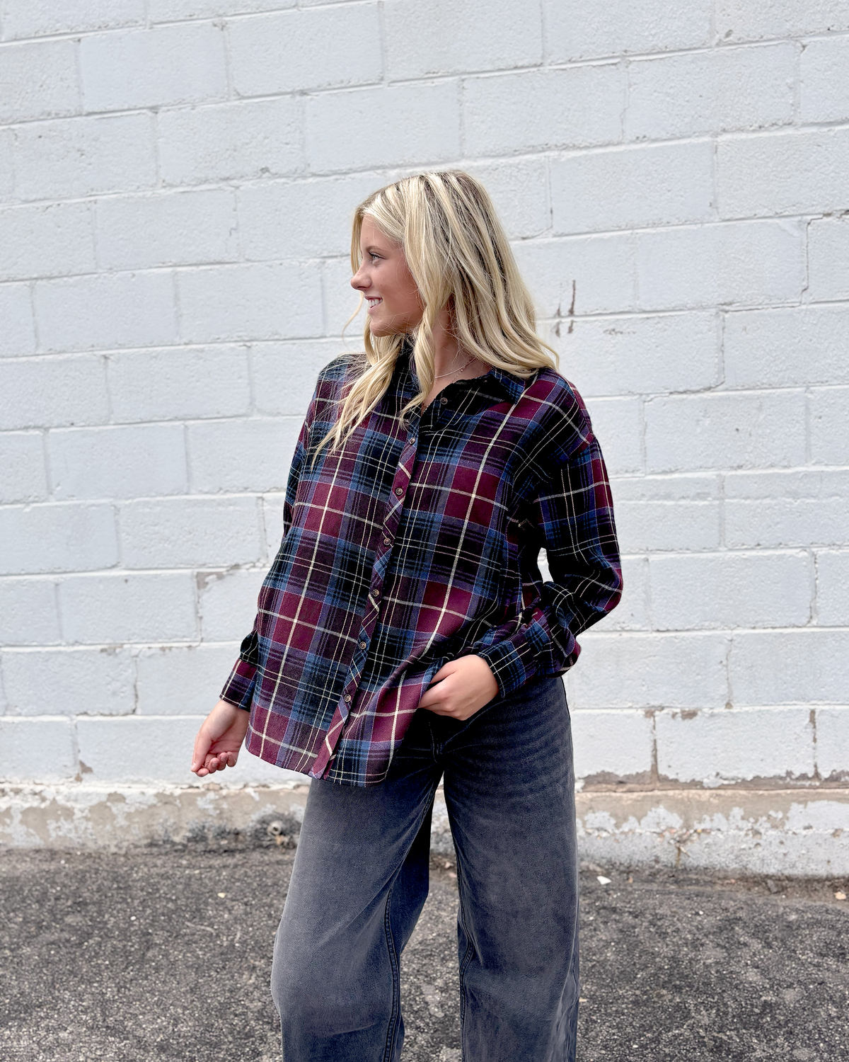 maroon, light blue, and oatmeal colored plaid button up top