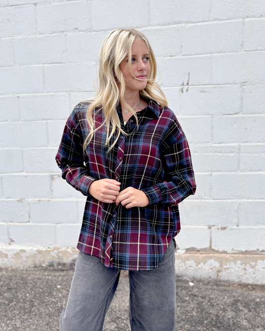 maroon, light blue, and oatmeal colored plaid button up top