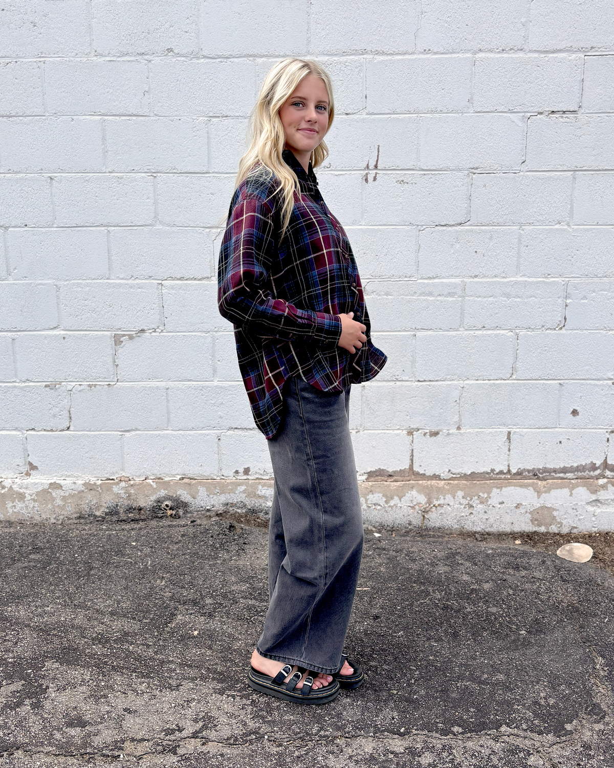 maroon, light blue, and oatmeal colored plaid button up top
