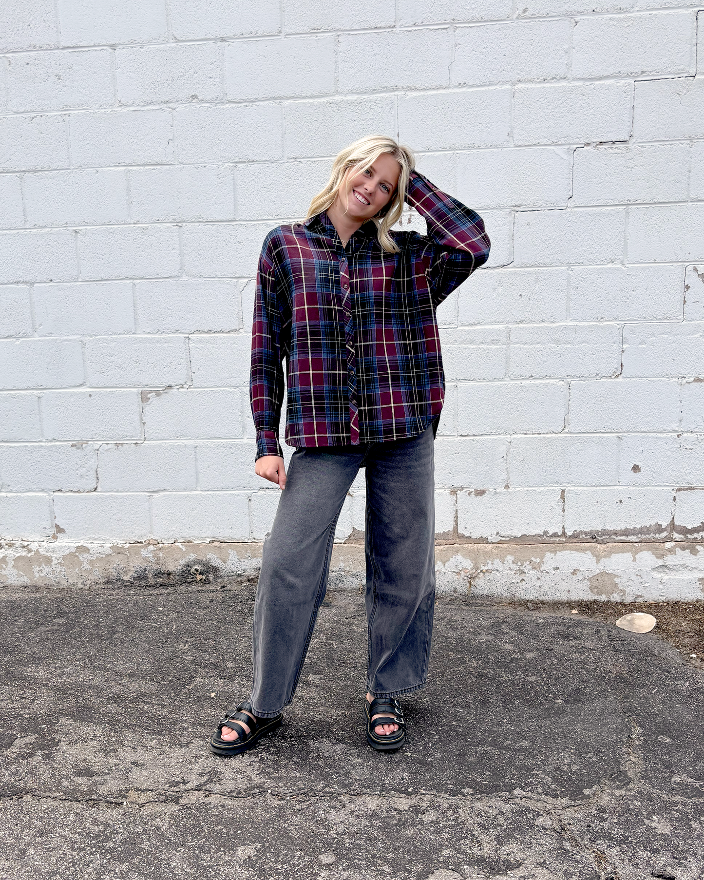 maroon, light blue, and oatmeal colored plaid button up top