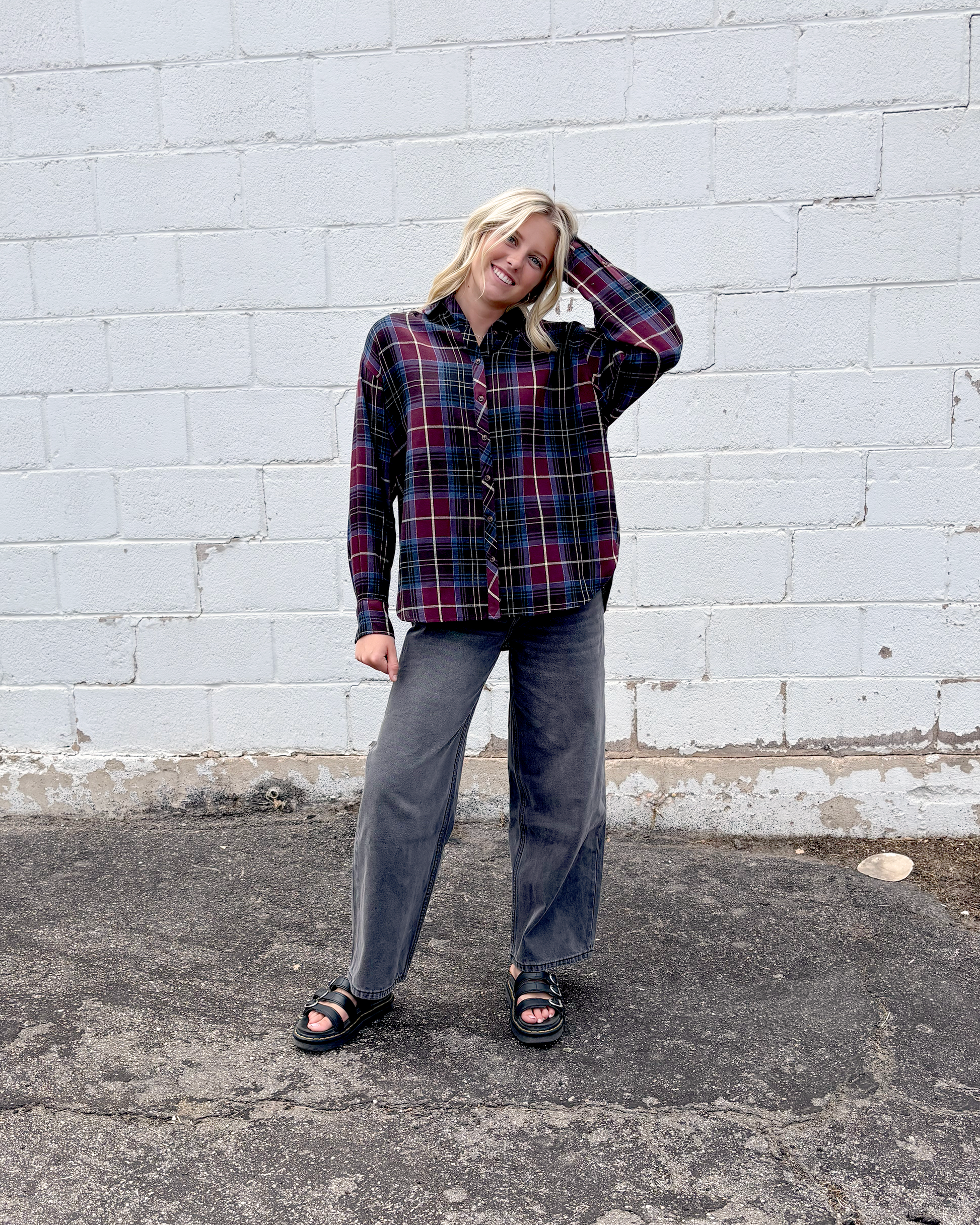 maroon, light blue, and oatmeal colored plaid button up top