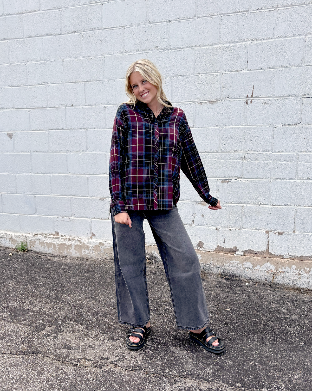 maroon, light blue, and oatmeal colored plaid button up top