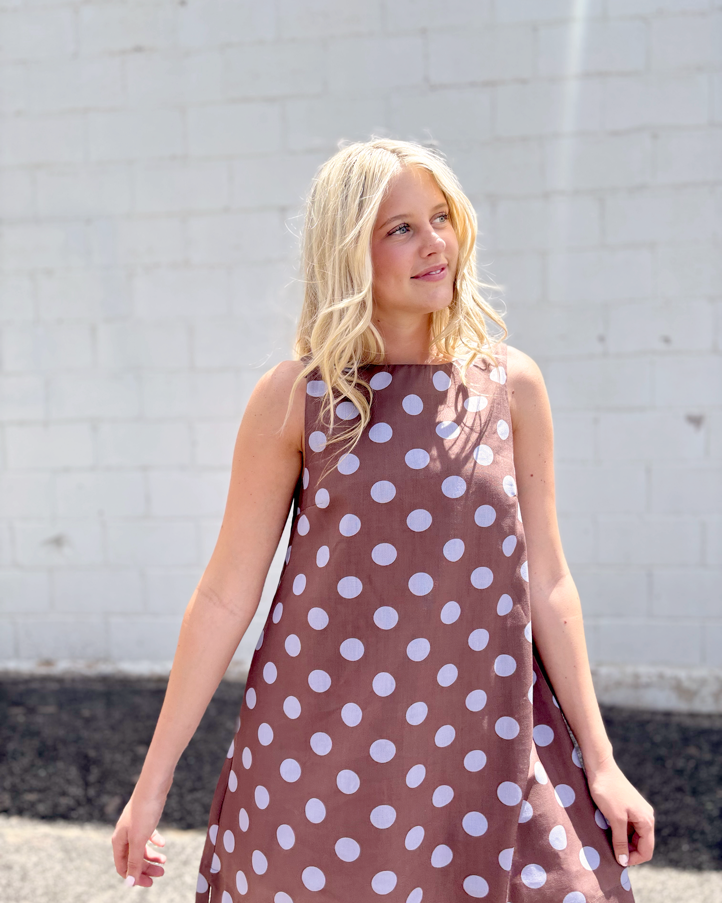 A-line brown dress with blue polka dots