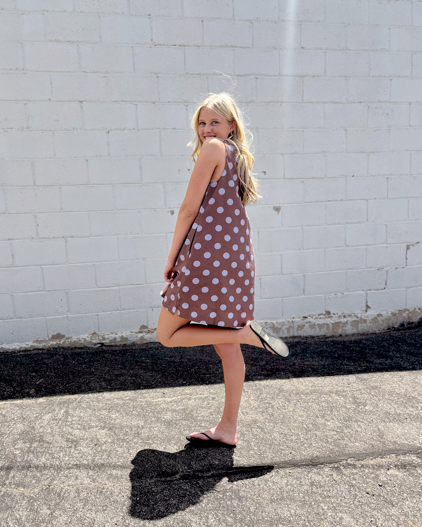 A-line brown dress with blue polka dots