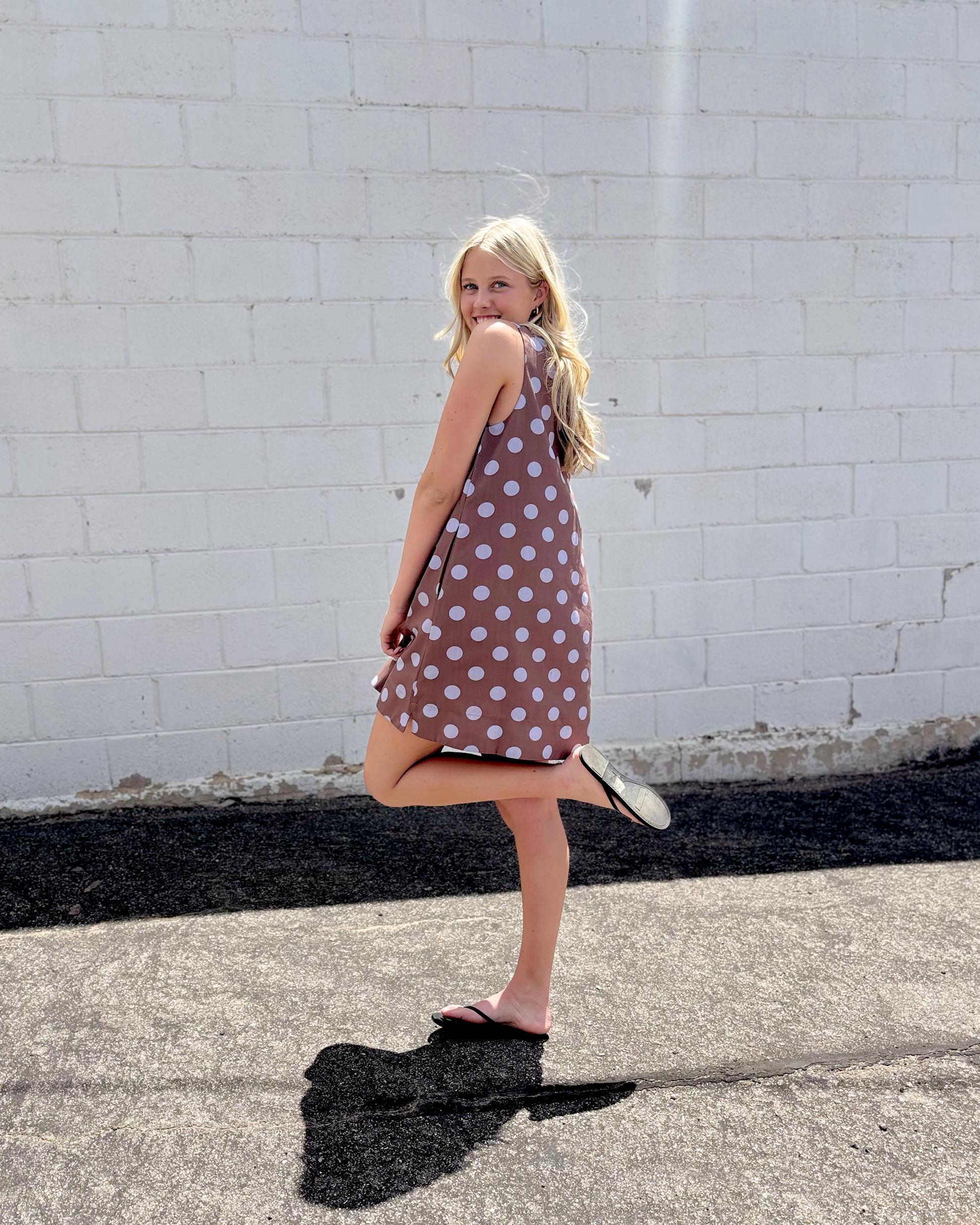 A-line brown dress with blue polka dots
