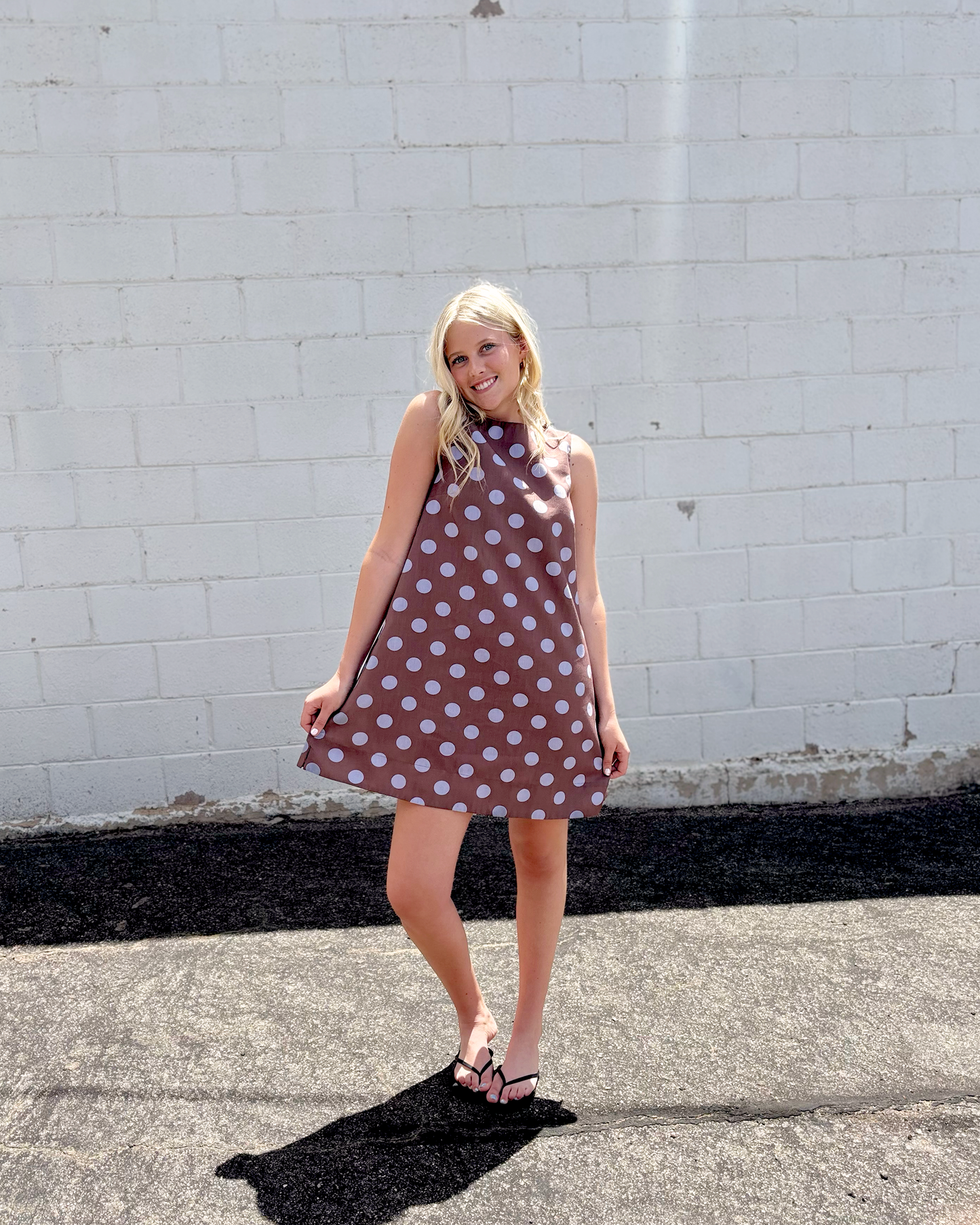 A-line brown dress with blue polka dots