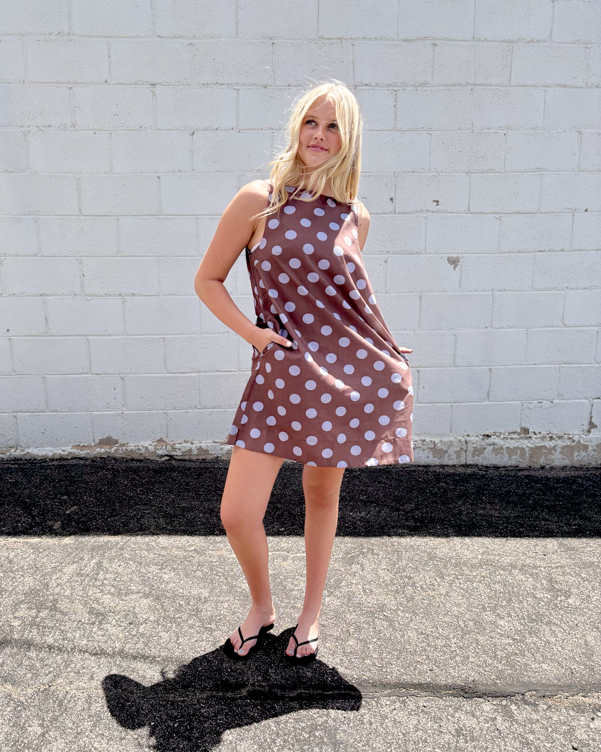 A-line brown dress with blue polka dots