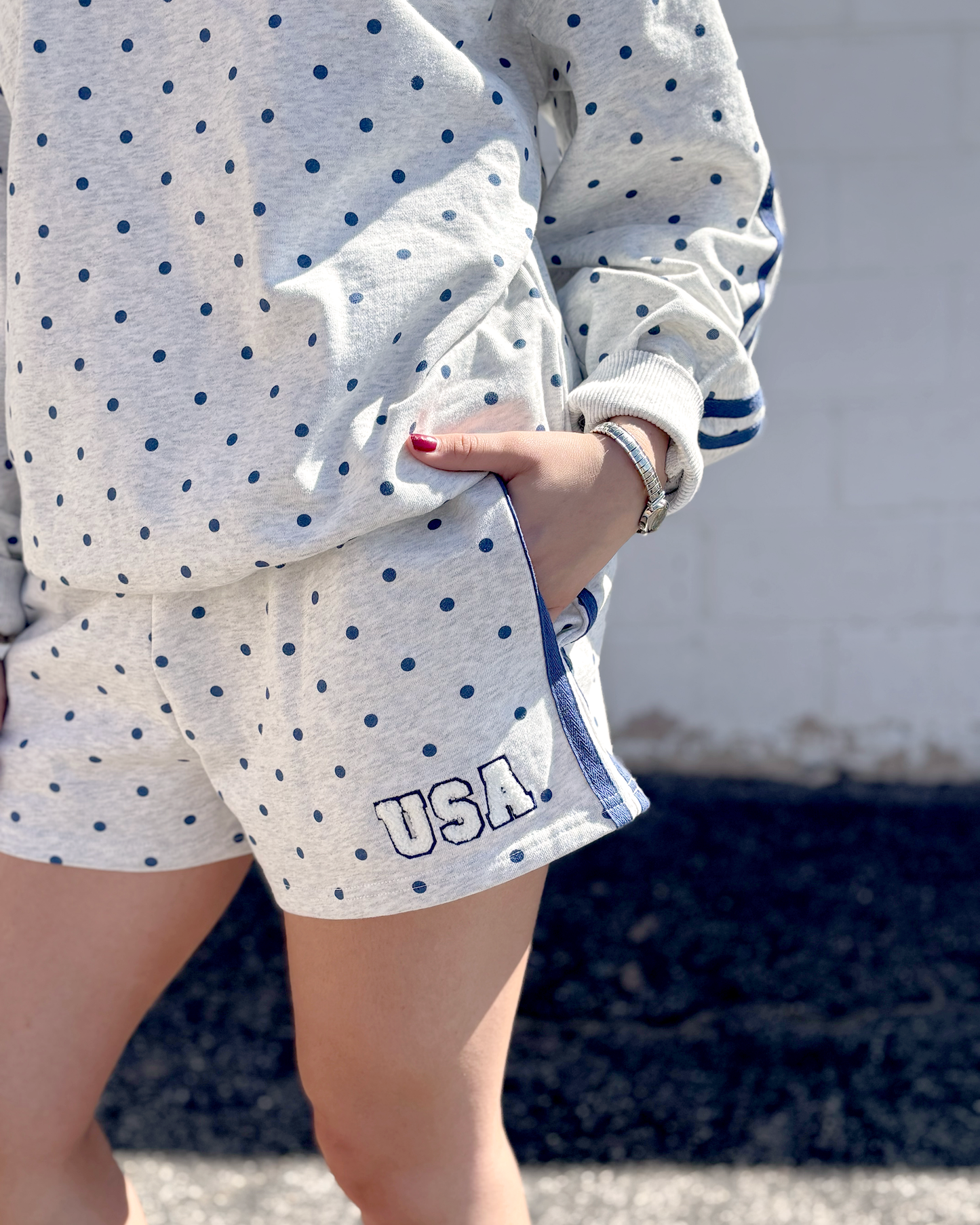Grey shorts with polka dots and USA embroidered on front