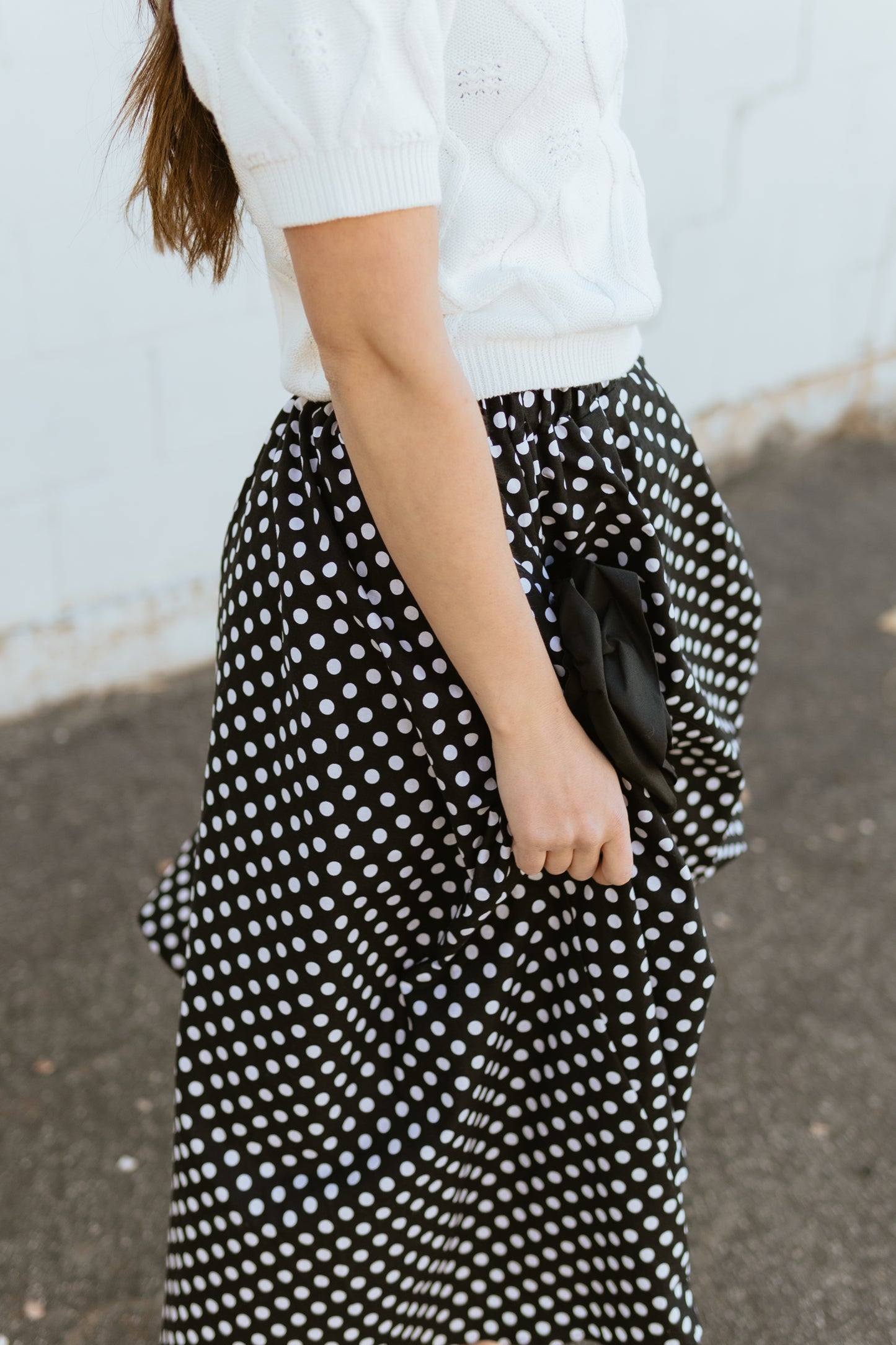 Polka dot skirt with black aplique flowers