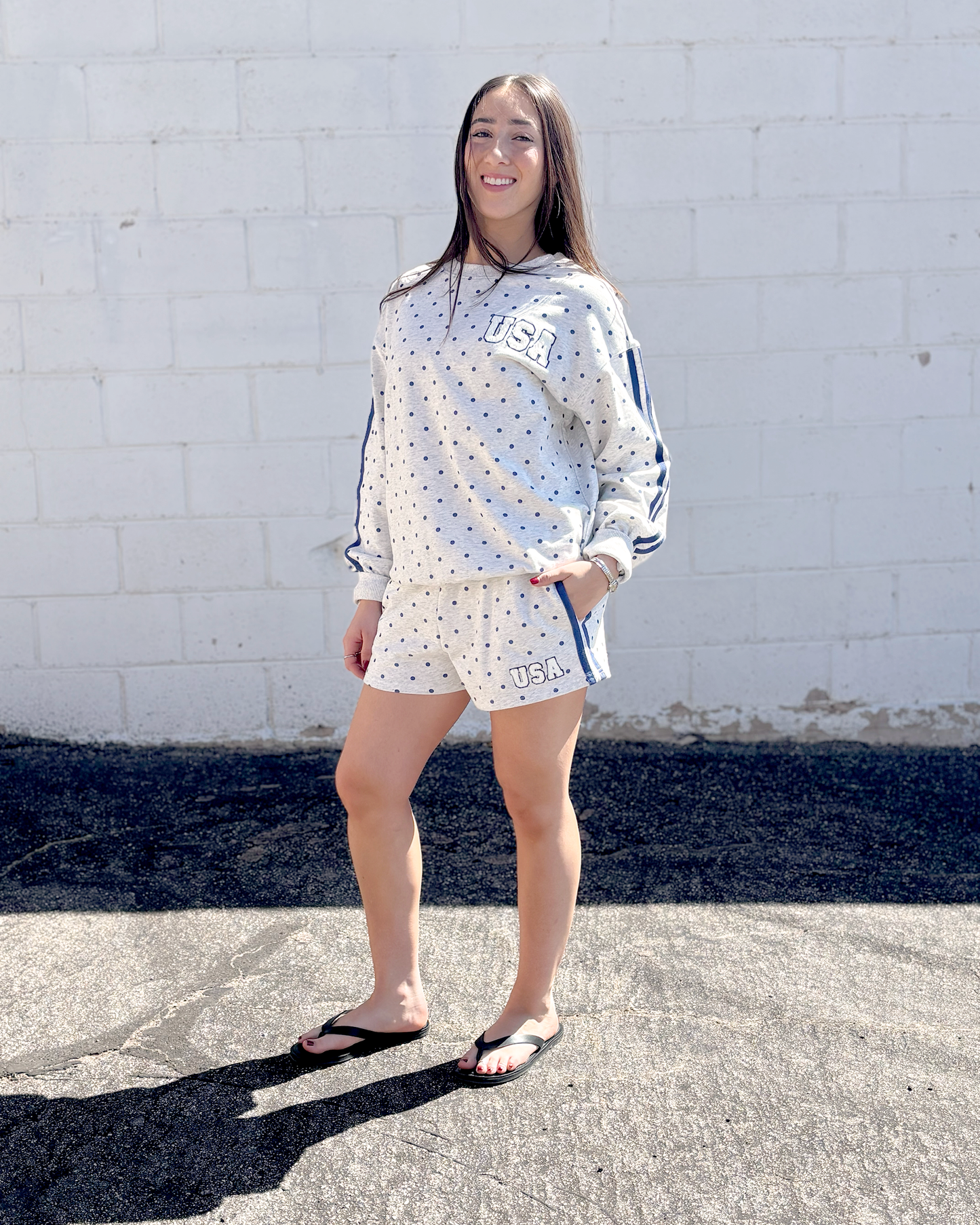Grey shorts with polka dots and USA embroidered on front