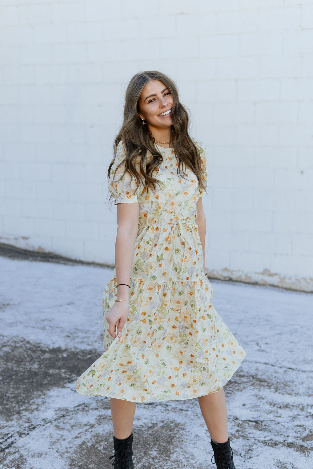 Soft yellow floral dress with tie around waist