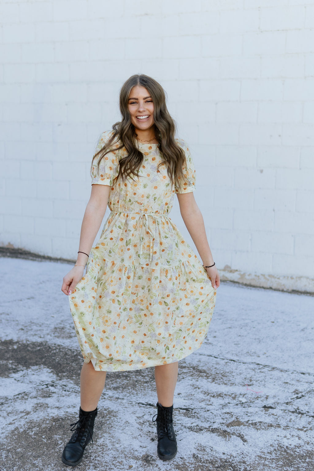 Soft yellow floral dress with tie around waist