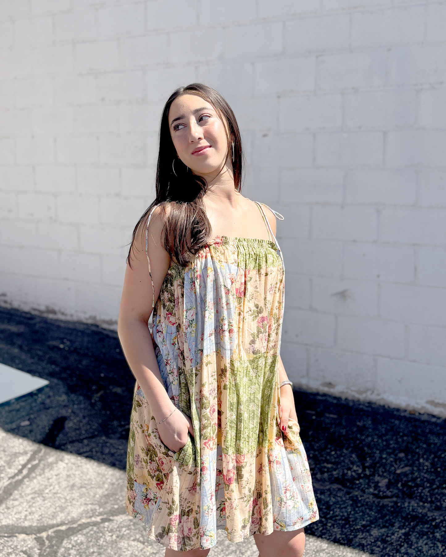 Quilt print pleated short summer dress with spaghetti straps