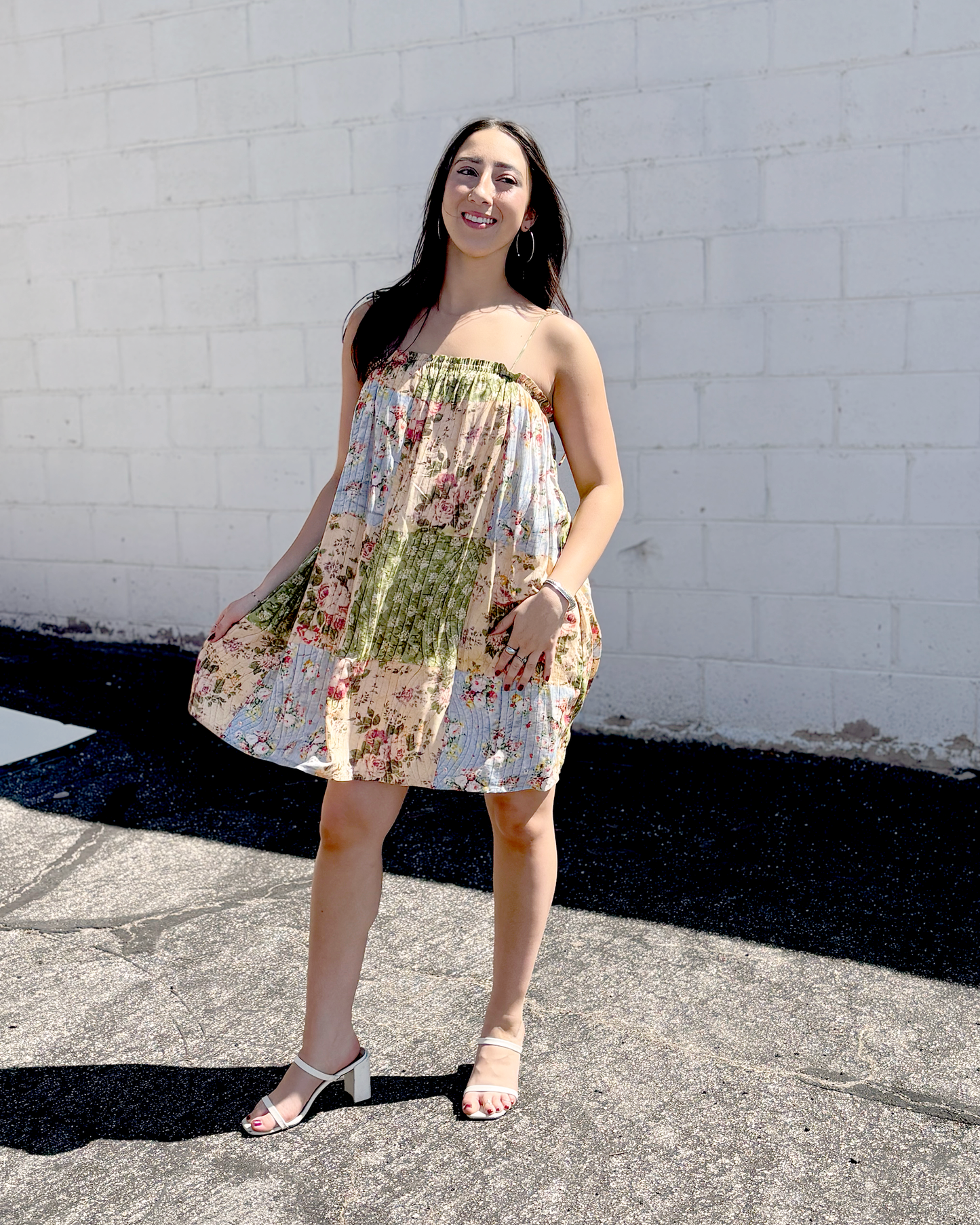 Quilt print pleated short summer dress with spaghetti straps