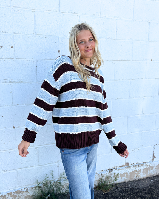 Brown and blue striped sweater with rolled neckline