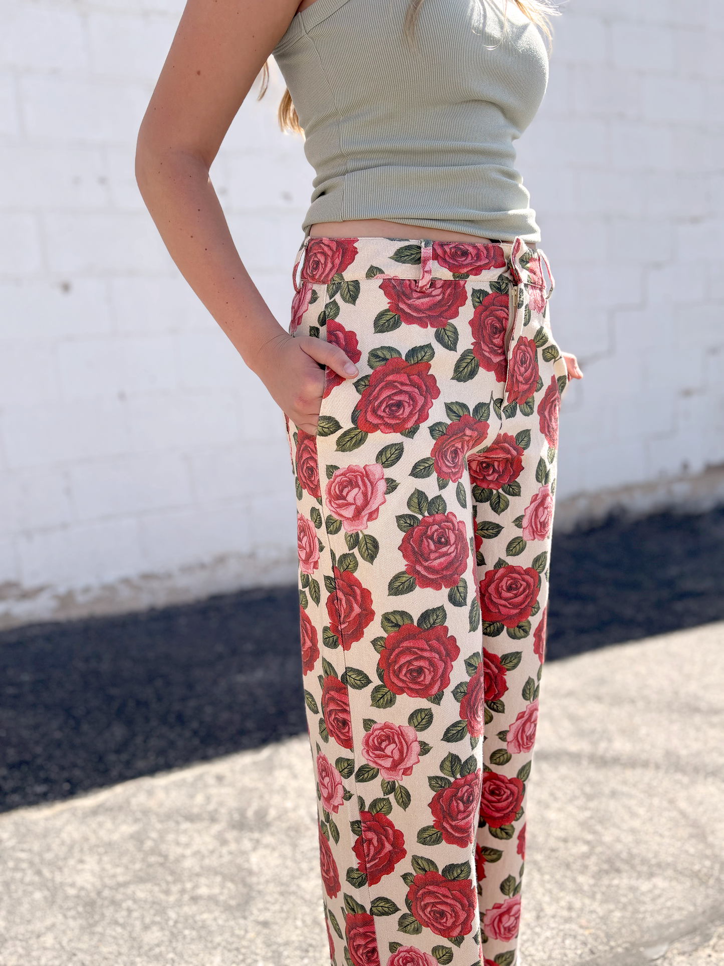 Rose print wide leg jeans