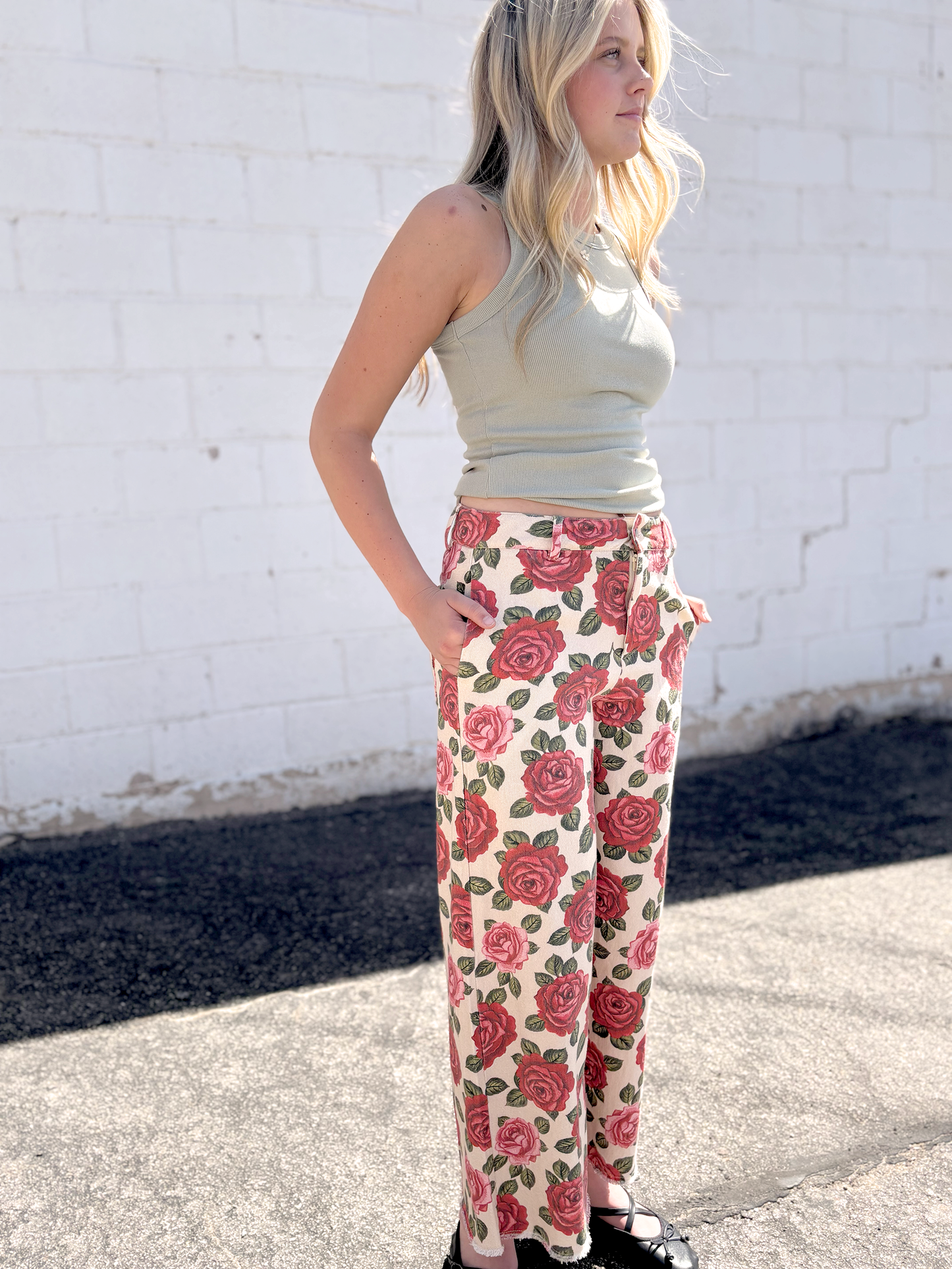 Rose print wide leg jeans