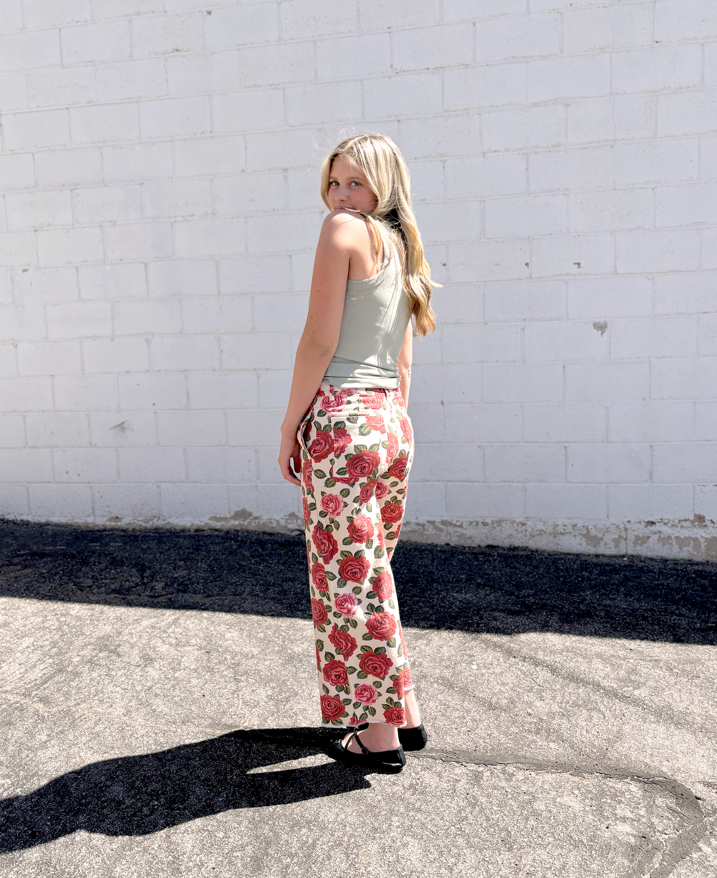 Rose print wide leg jeans