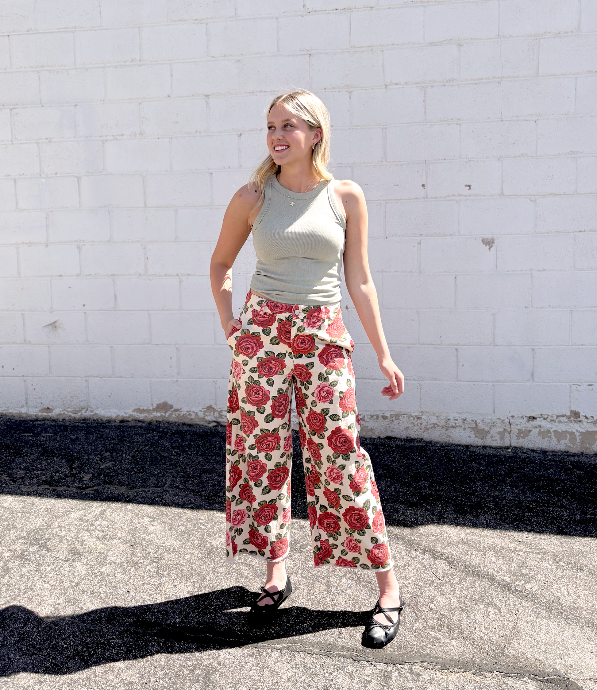 Rose print wide leg jeans