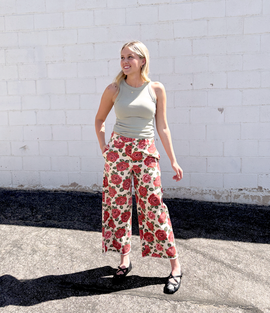 Rose print wide leg jeans