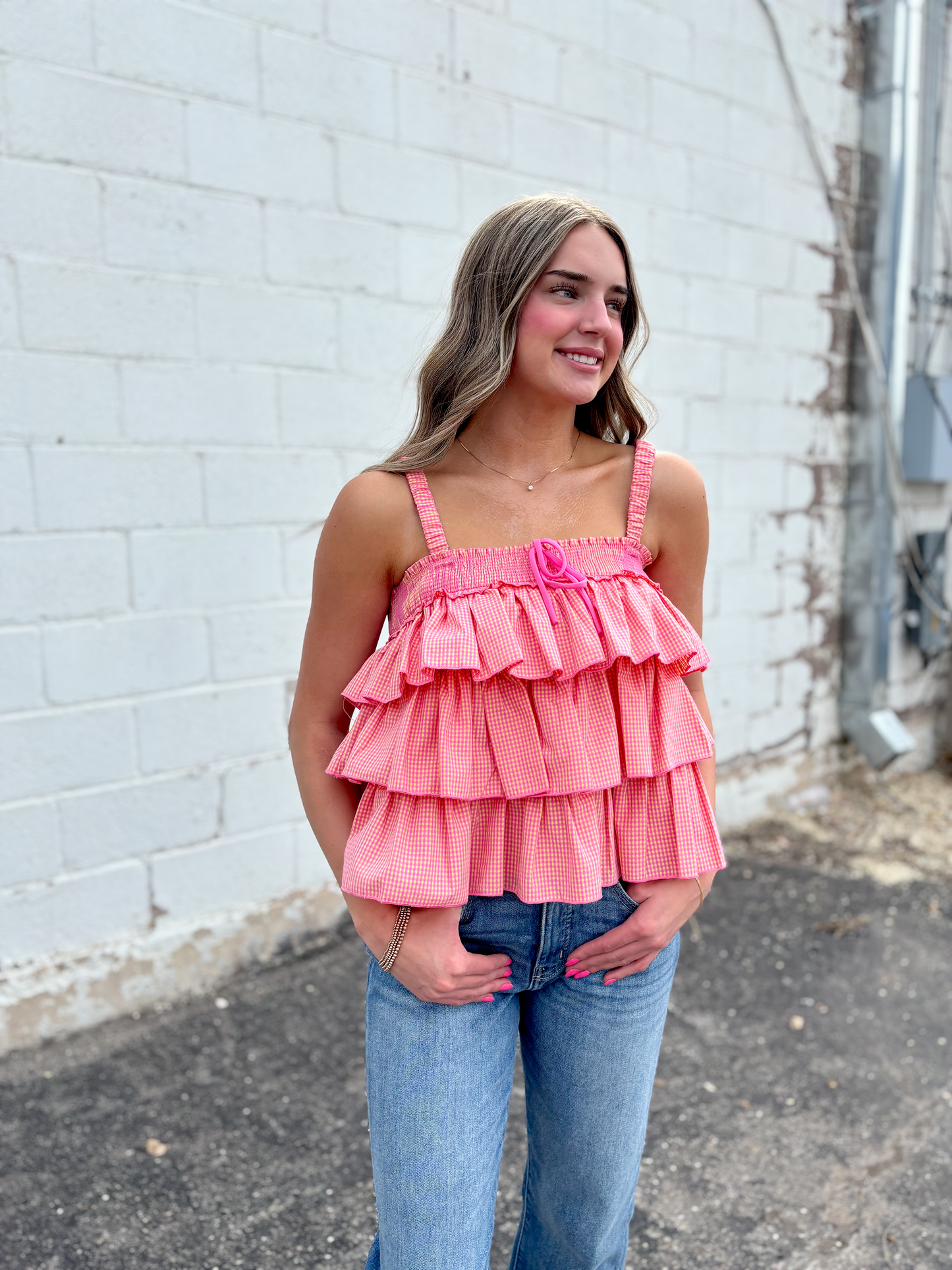 Tiered ruffled Top in pink and yellow