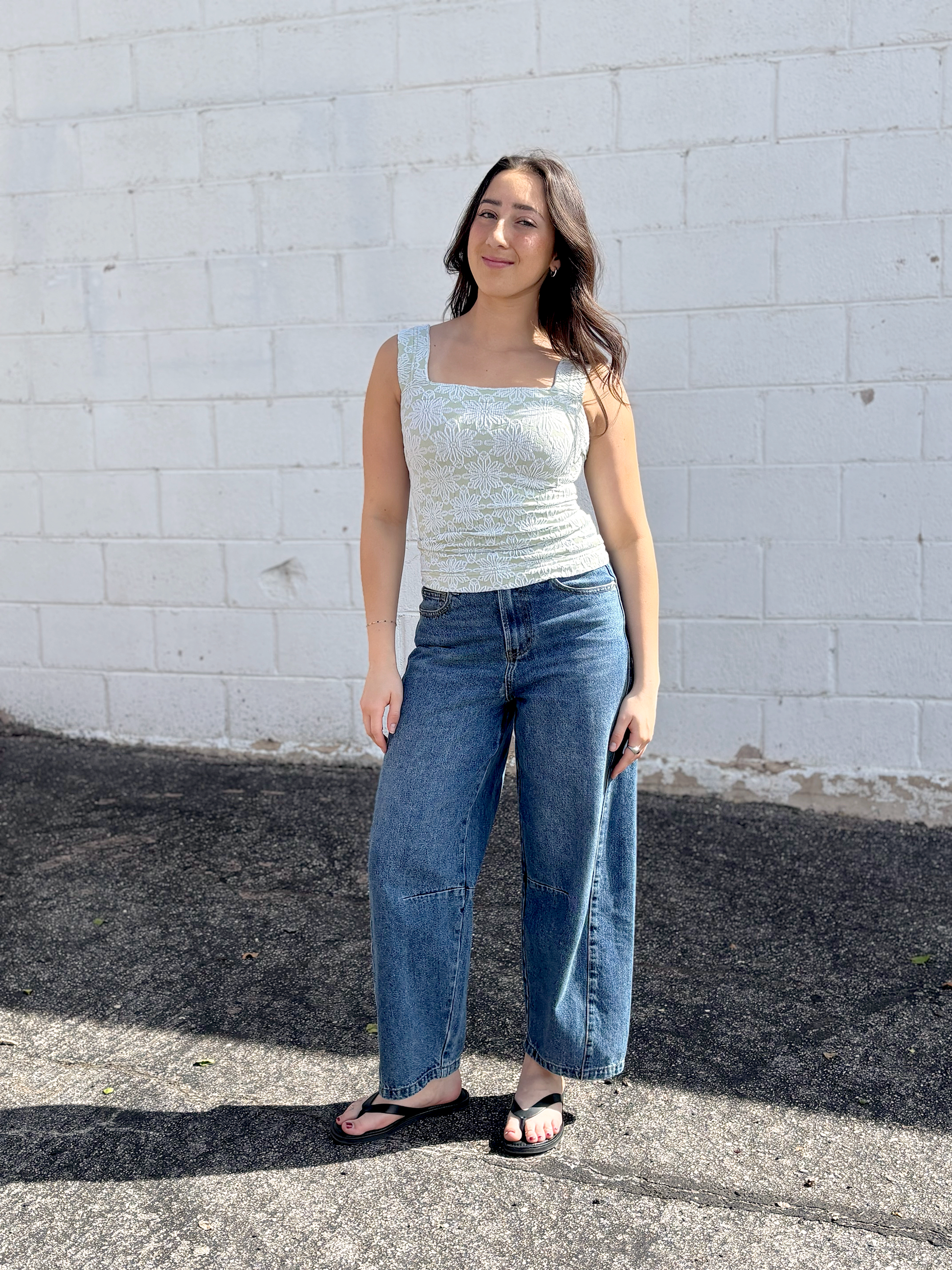 Sage green tank with floral texture over top